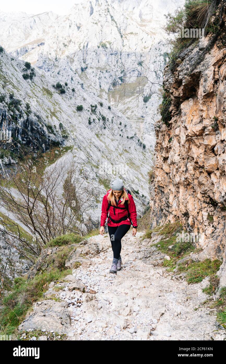 Aktive Frau Wanderer in roter Jacke mit schwerem Rucksack zu Fuß auf den Berg in den Gipfeln Europas, Asturien, Spanien Stockfoto
