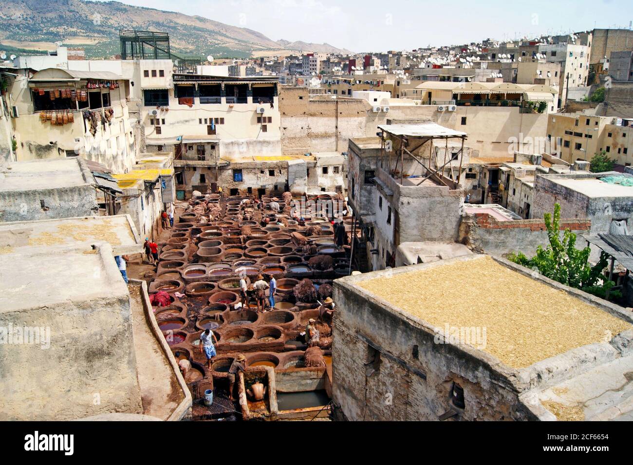 Seit dem 11. Jahrhundert ist die Chouara Gerberei in Fez, Marokko, mit der Ledergerberei in Handarbeit in Betrieb. Stockfoto