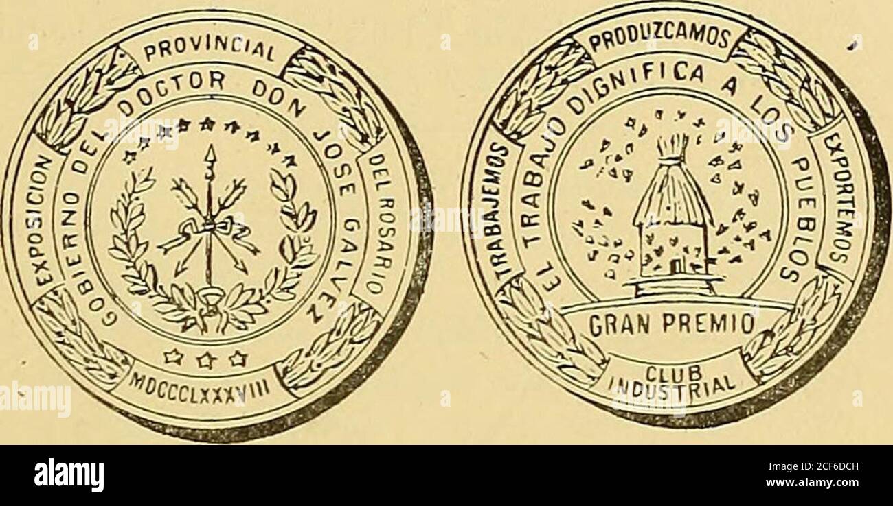 . Monetario americano (ilustrado) clasificado. Nr. 376 – Anverso Leyenda Provincia de Sn Juan. En el campo:Escudo argentino entre láurea: Premio al Mérito; debajoCordillera de los Andes al fondo y en primer término ob-jetos de la Agricultura é industria. Exergo: R. GRANDE. Reverso Leyenda Exposición Provinzial. En el campo:Una locomotora y debajo de ella: Realizada por elGobierno de la Provincia con motivo de la Inaugu-ración del Ferro Carril Andino 12 de Abril 1885. Plata: Peso 58 Gramos. Nr. 377 – Anverso Leyenda Exposición Interprovinziell * Men-doza 1885 * en el cajnpo: Escudos de armas de la Re- Stockfoto