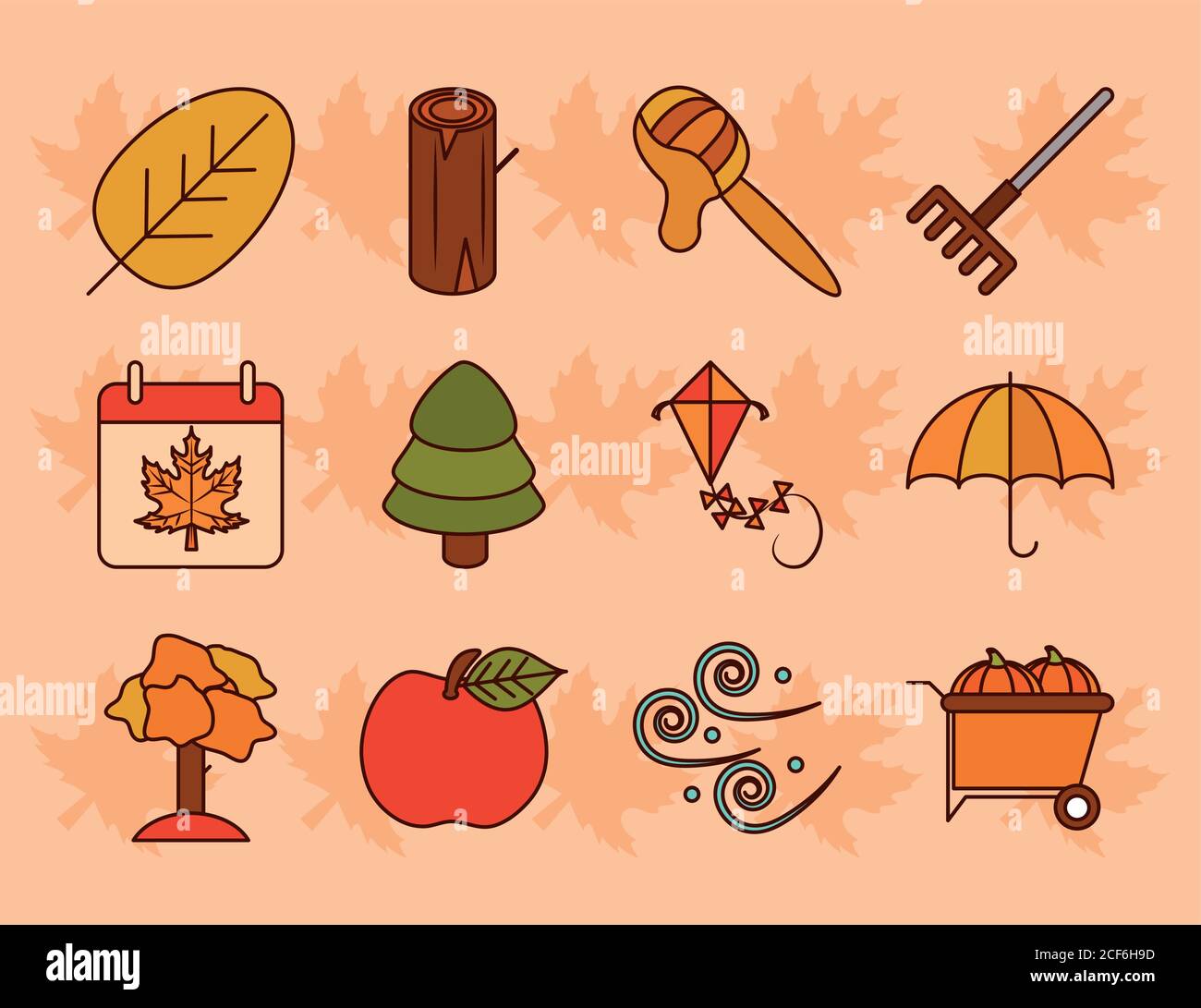 Herbst Saison Wetter Ahornblatt Korb Hut Kürbis Linie und Füllsymbole Vektordarstellung festlegen Stock Vektor