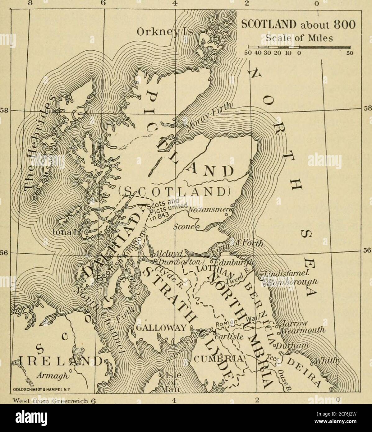 . Eine kurze Geschichte von England und dem Britischen Reich. r in Iona und einführte Christentum unter den Picts. Die beiden Königreiche führten eine separateKenneth Existenz für drei Jahrhunderte; aber in 844 Kenneth MacAipine. MacAlpine, König der Schotten, deren Mutter eine Prinzessin aus Pictland war, wurde auch König der Pikte. Scone wurde die Hauptstadt dieses Highland-Königreichs, soweit überhaupt eine Hauptstadt existierte, und das ganze Land hieß Schottland. Aber südlich des Forth war die anglianische DIS-trict von Lothian, das war ein Teil von Northumbria, und in thesoutwest war das walisische Königreich von Strathclyde, die als Stockfoto