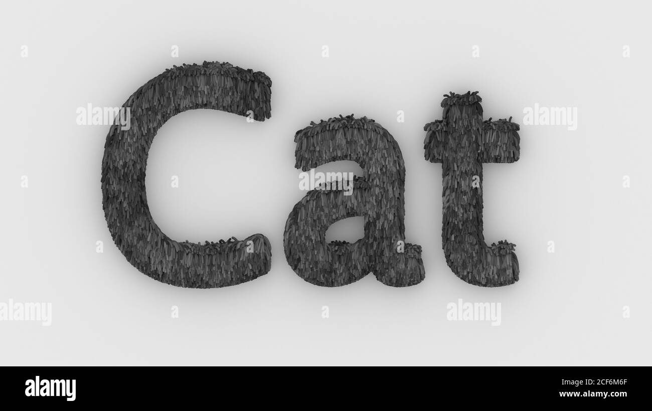 Katze - 3d Wort grau auf weißem Hintergrund. Render von pelzigen Buchstaben. Haare. haustiere Fell. Tierhandlung, Tierheim, Tierpflege Emblem Logo Design-Vorlage. Veterinär Stockfoto