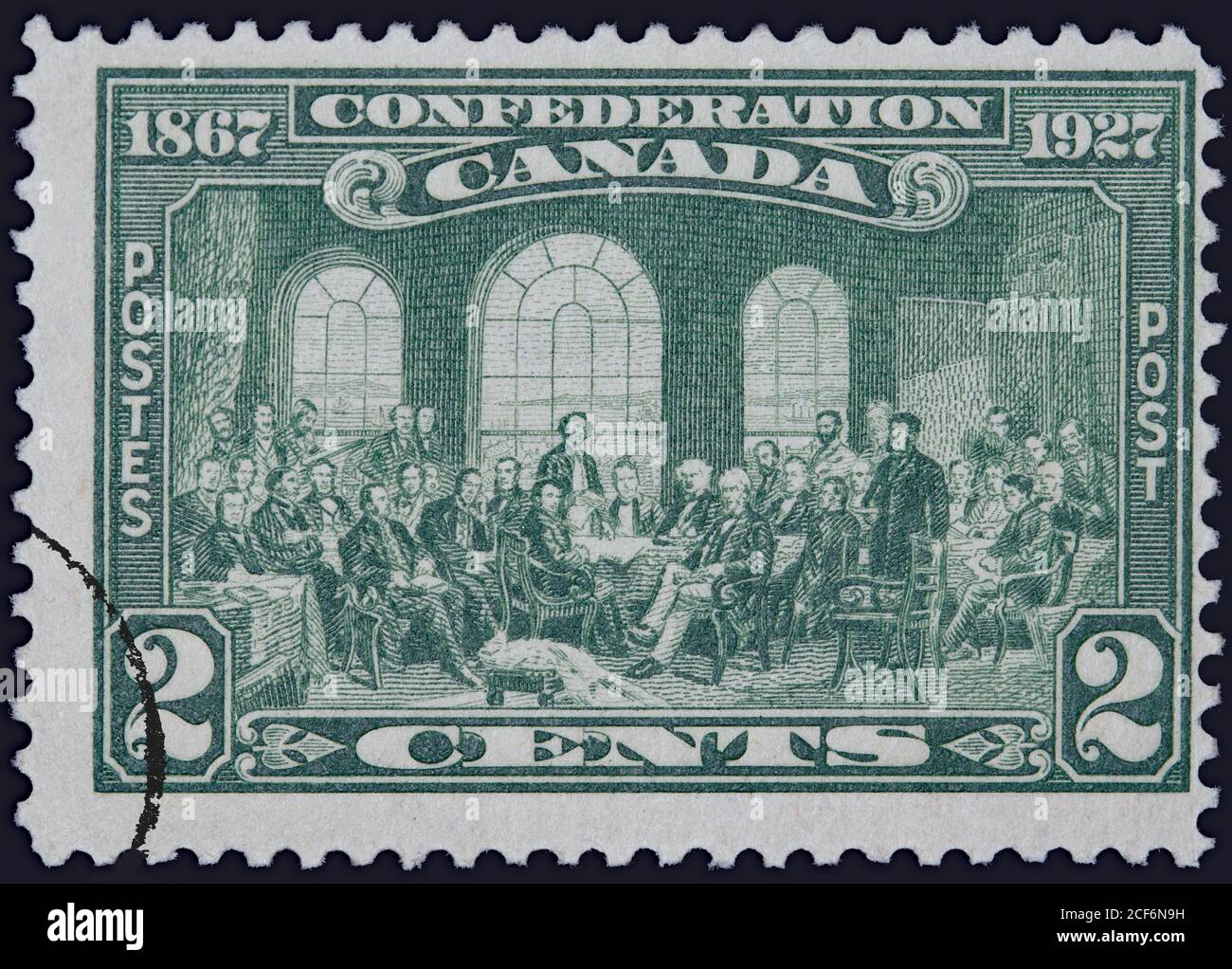 Ottawa, Kanada - 1. Juli 1927: Briefmarke zum Gedenken an den 60. Jahrestag der kanadischen Unabhängigkeit, zeigt die Konferenz der Politiker, dass Stockfoto