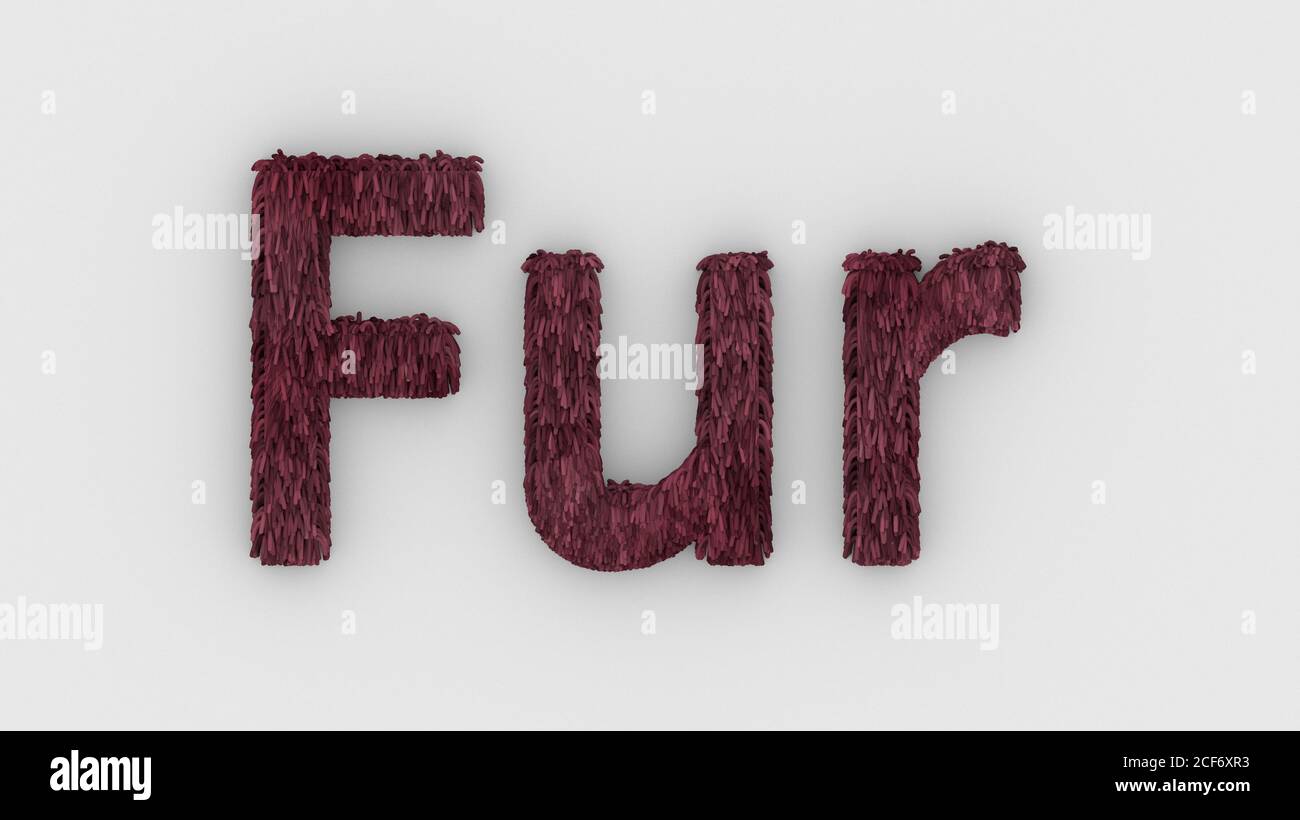 Pelz - rotes Wort 3d isoliert auf weißem Hintergrund, realistische Darstellung von pelzigen Buchstaben Illustration. Natürliche Kombination Fell. Pelz. Tierfell. Hund, ca. Stockfoto