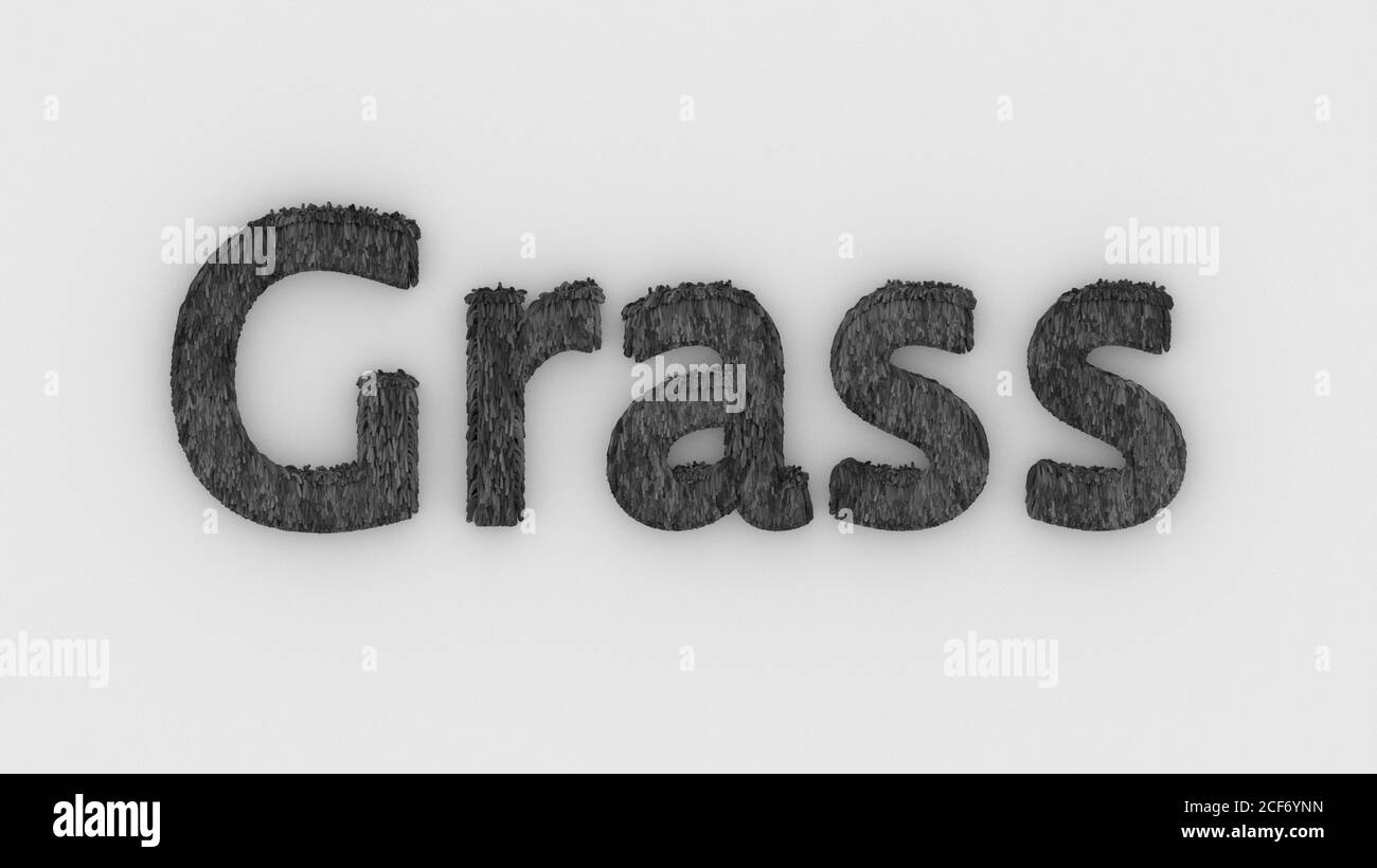 Gras - 3d Wort grau auf weißem Hintergrund. Fresh Grass Buchstaben isoliert Illustration. Rasen für Villen. Golf Rasen. Garten mit Blumenbeeten. Sträucher, Bus Stockfoto