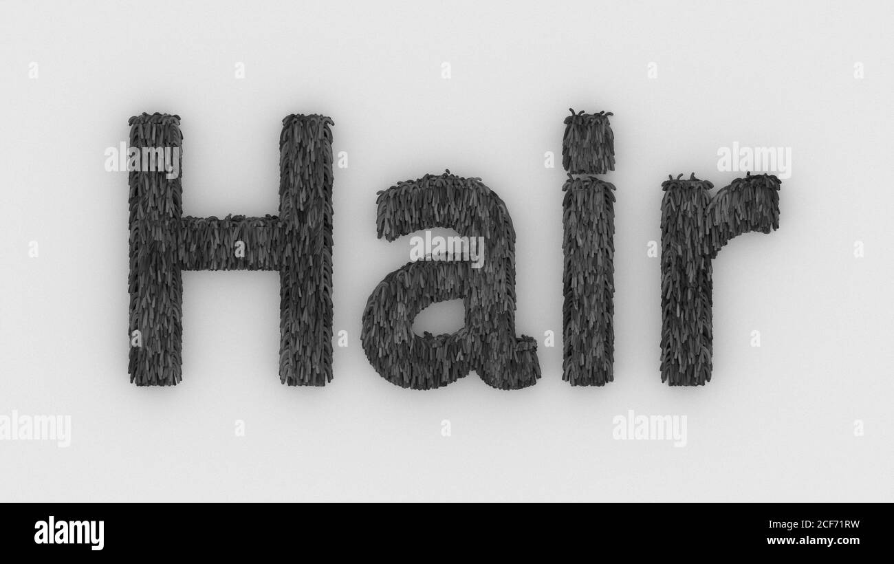 Haar - 3d Wort grau auf weißem Hintergrund. Render pelzigen Buchstaben, Frisur Konzept. Haarverlängerung Farbfelder. Design für Coiffeur und Friseur. Gentlema Stockfoto