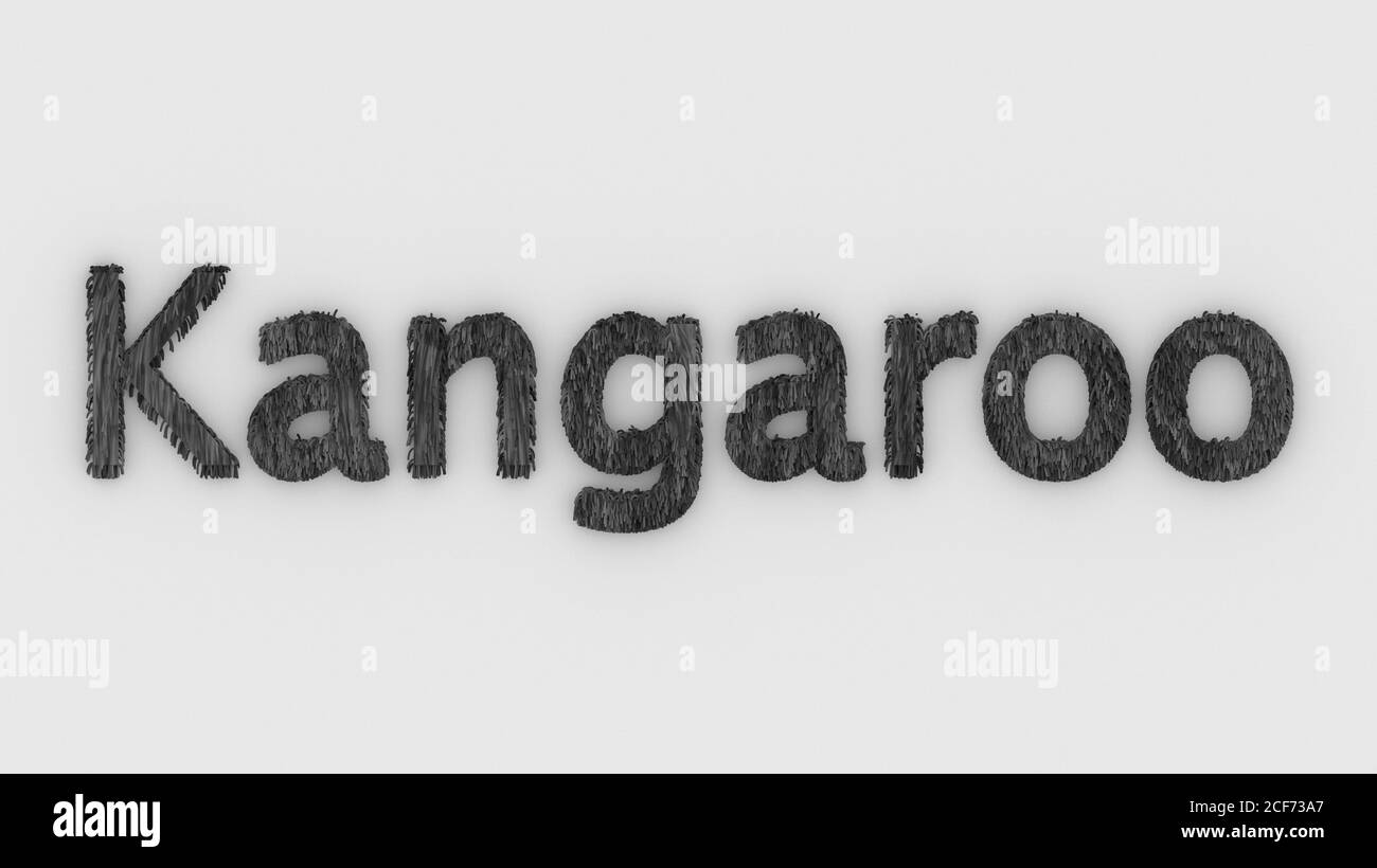 Kangaroo - 3d Wort grau auf weißem Hintergrund. Render von pelzigen Buchstaben. Australien Tier, australian Notfall, Hilfe Feuer Emblem Design-Vorlage. Veteran Stockfoto