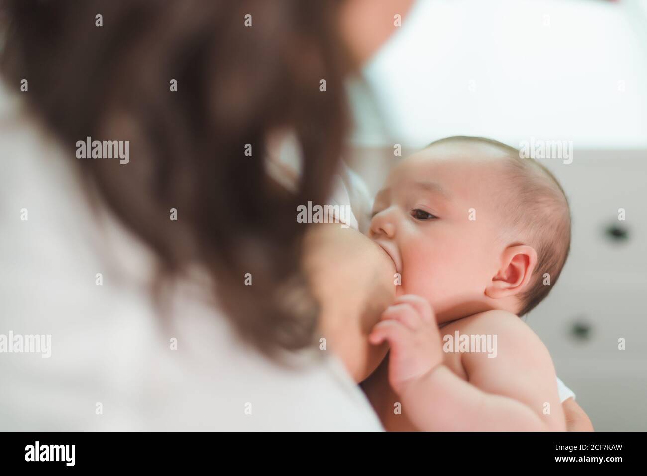 Von oben Draufsicht auf schwarzhaarige, nicht erkennbare, beschnittene Mutter Stillendes kleines Baby Stockfoto