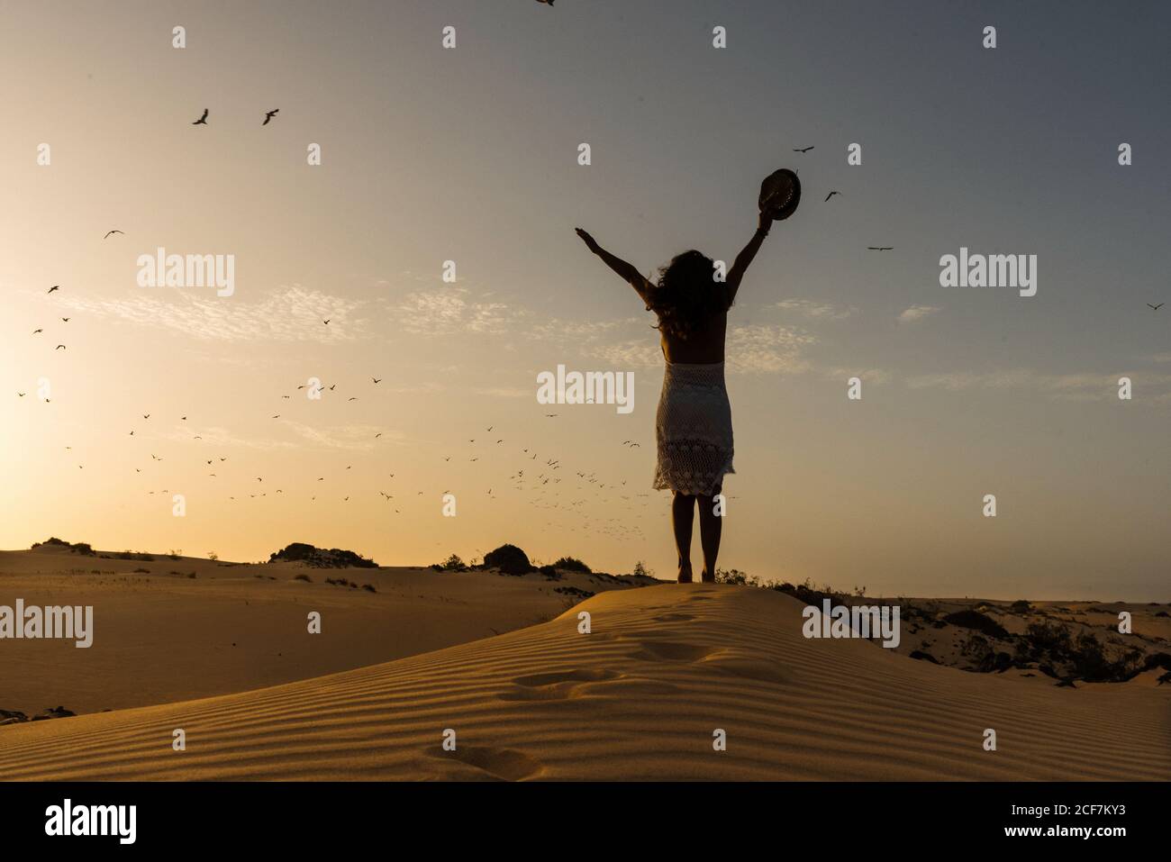 Aktive Frau, die barfuß in der trockenen Wüste läuft Stockfoto