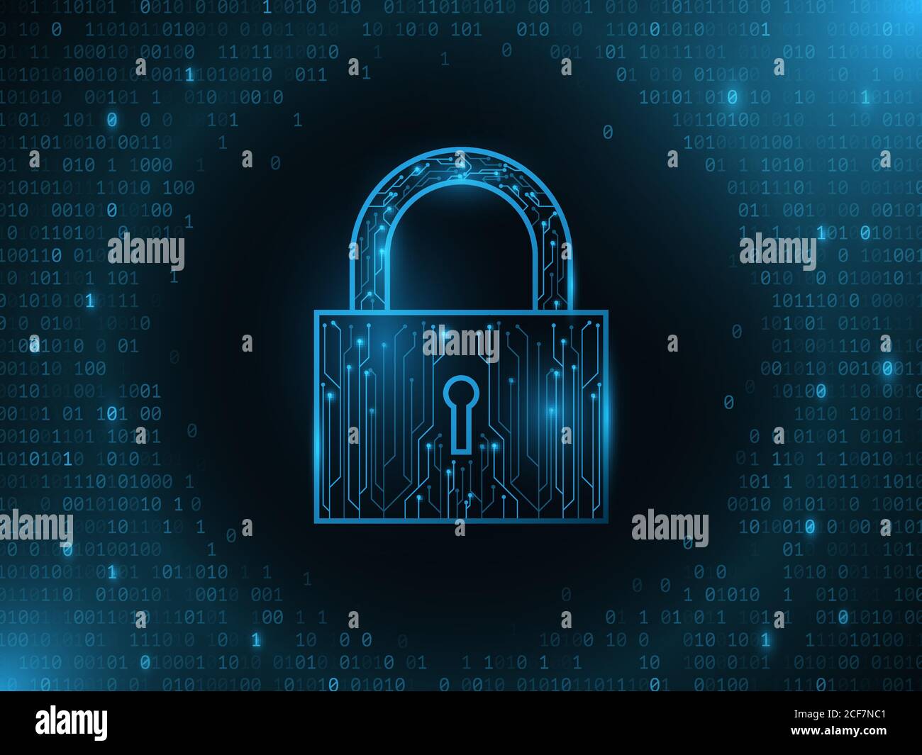 Futuristisches Sicherheitsschloss von einer Computerplatine. Leuchtender Binärcode der Software. Vektorgrafik. EPS 10. Stock Vektor