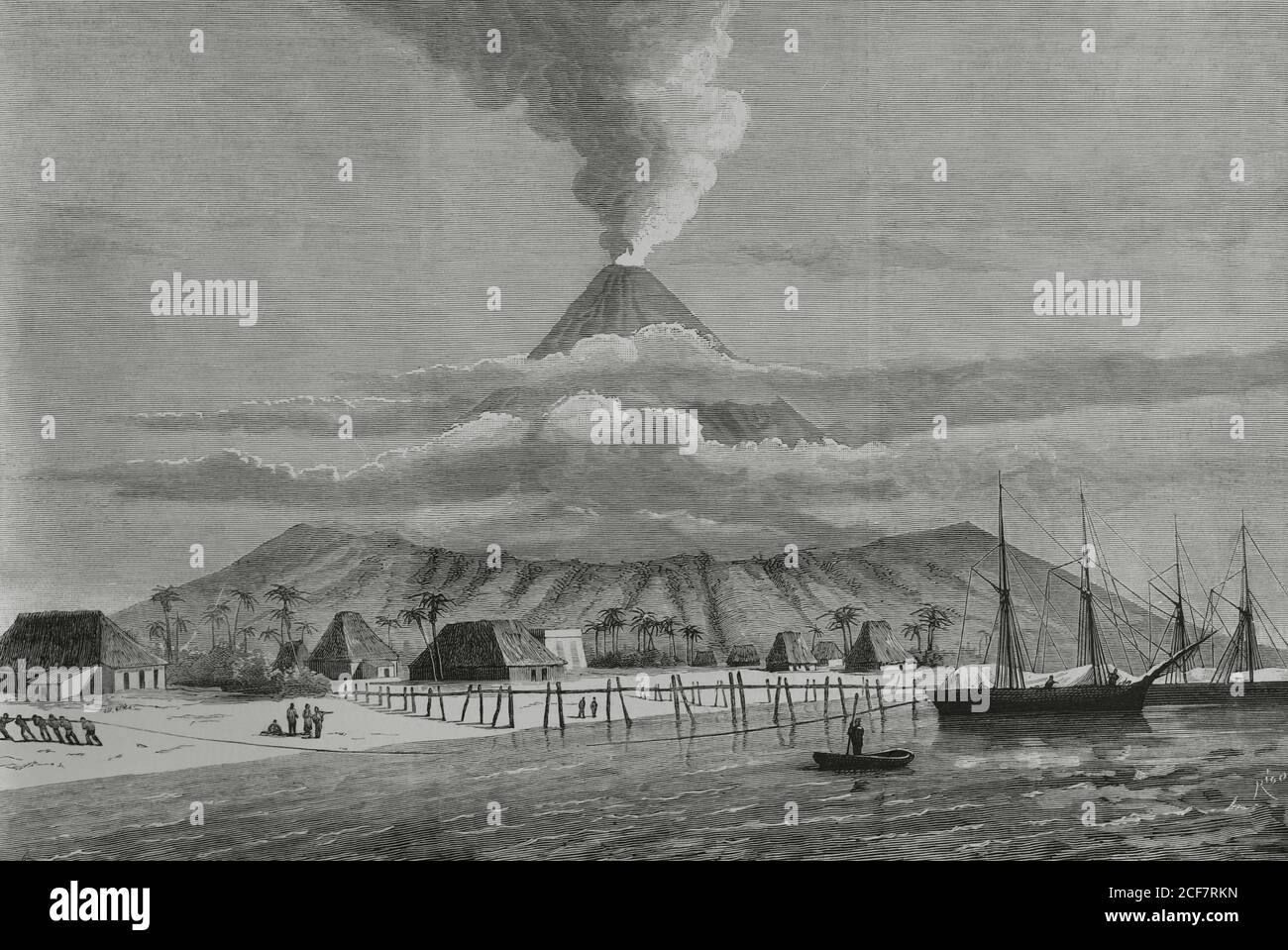 Philippinische Inseln, Provinz Albay, Insel Luzon. Mayon Vulkan oder Mount Mayon. Der aktivste Vulkan auf den Philippinen. Stich von Bernardo Rico. La Ilustracion Española y Americana, 1881. Stockfoto