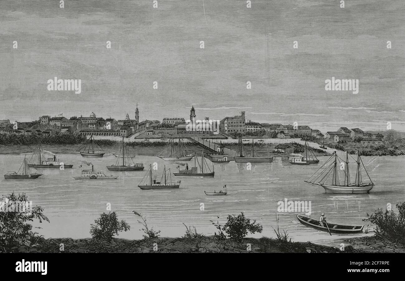 Mexiko, Tampico. Blick auf den Hafen der Stadt (Atlantikküste). Stich von Tomás Carlos Capuz (1834-1899). La Ilustracion Española y Americana, 1881. Stockfoto