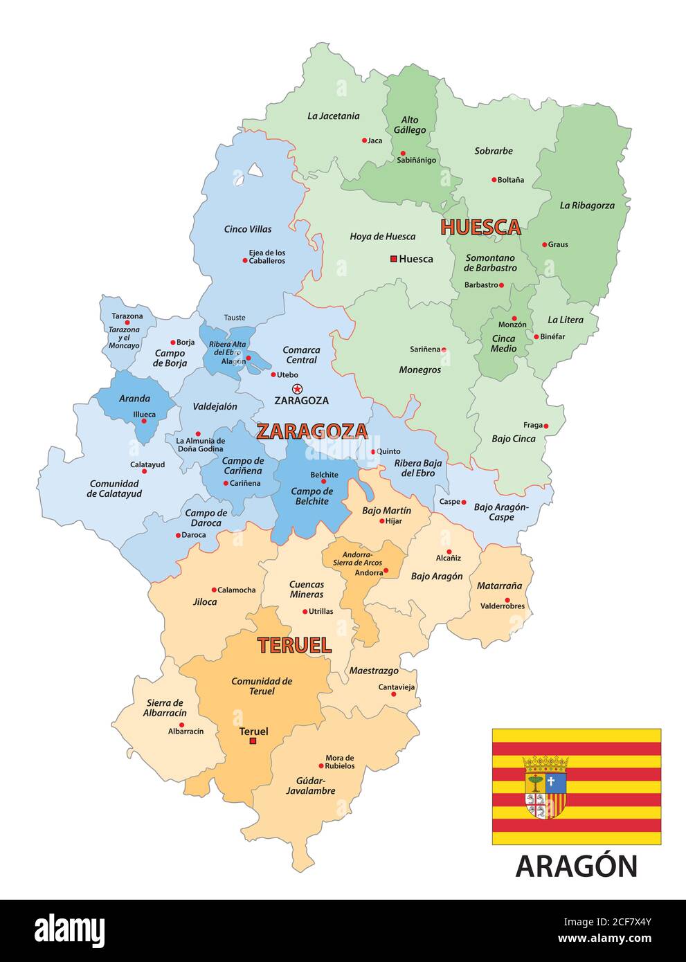 Administrative Vektorkarte der spanischen autonomen Region Aragon Mit Flagge Stock Vektor
