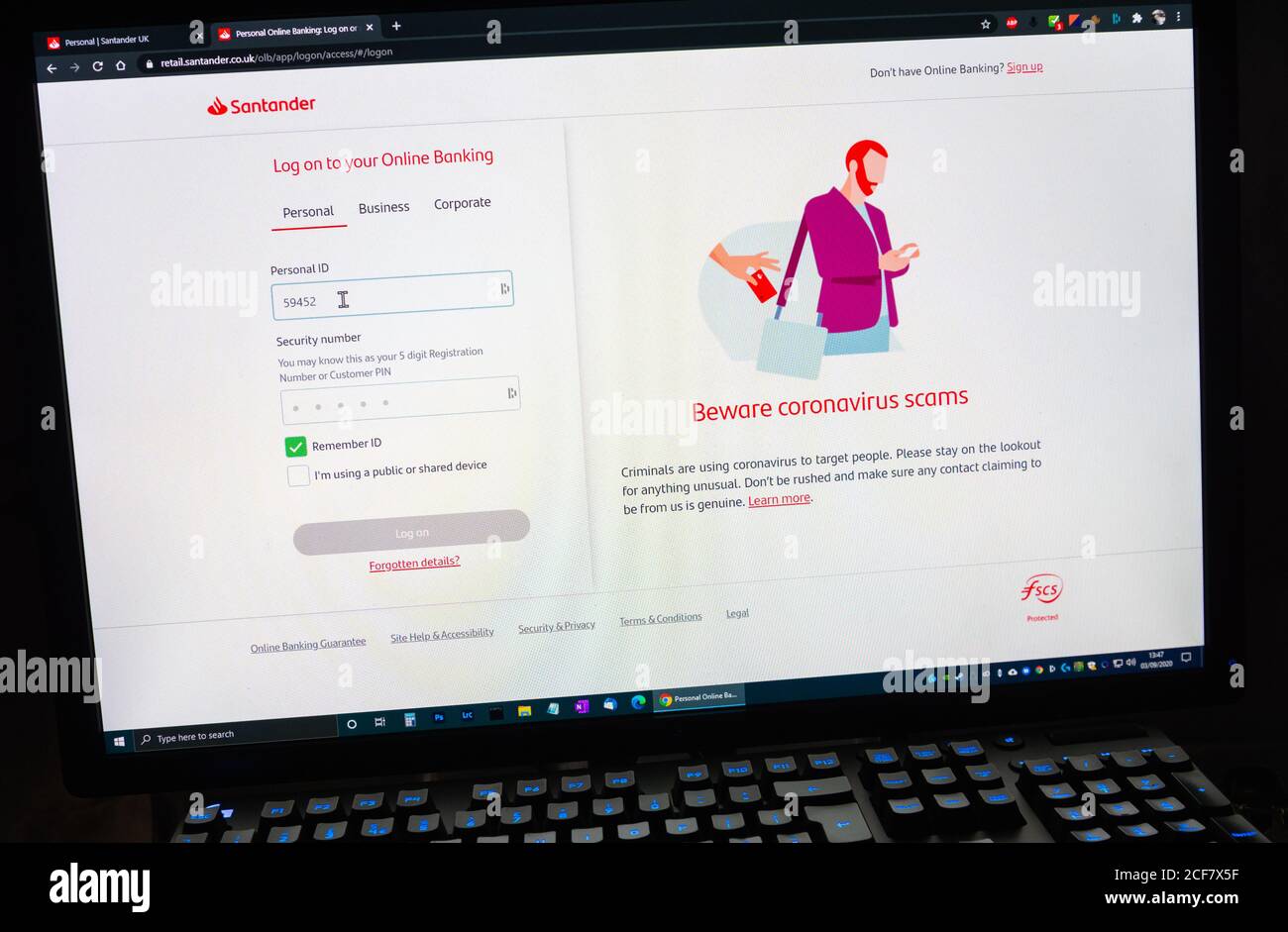Anmeldebildschirm für Santander Online-Banking. Anmelden beim Bankkonto für das Internet-Banking. Stockfoto