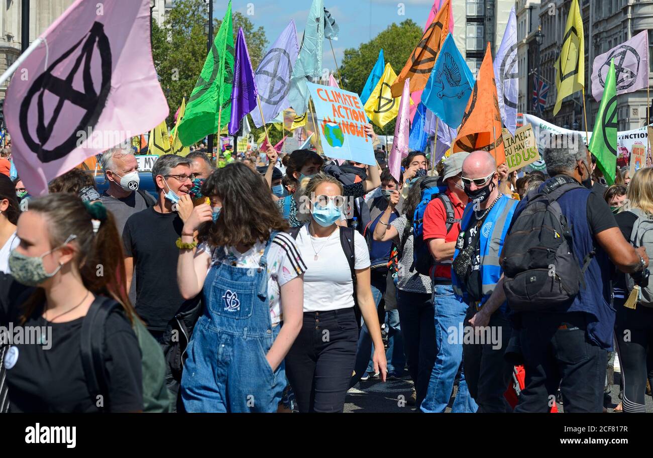 London, Großbritannien. Extinction Rebellion Protest in Central London während der COVID Pandemie, 1. September 2020 Stockfoto