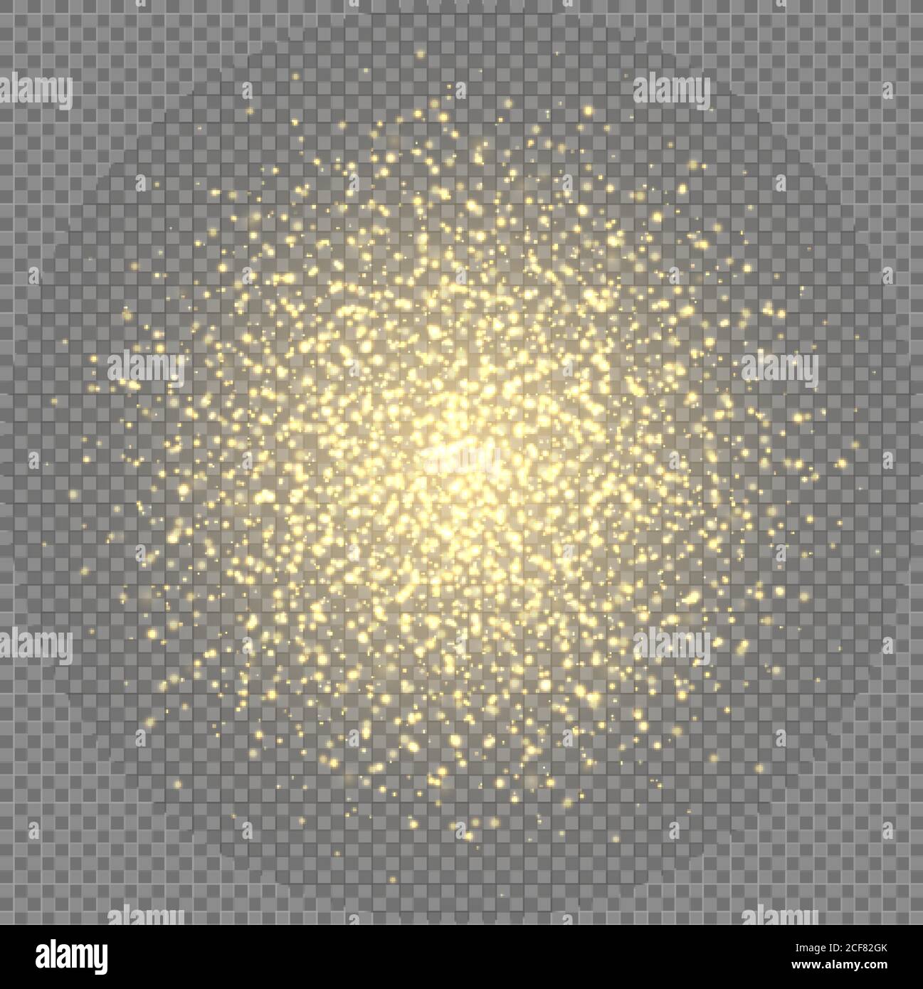 Goldene Funkeln, abstrakte leuchtende Teilchen, gelbe Sternstaubexplosion. Fliegende Weihnachtsgrare und Funken. Stock Vektor