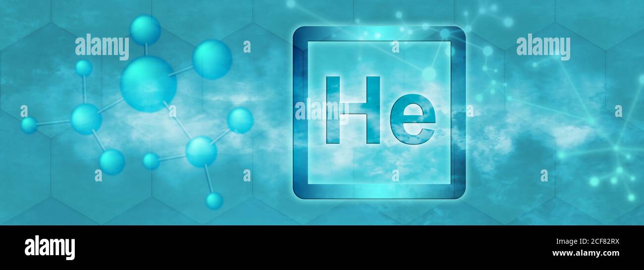 HE-Symbol. Chemisches Element Helium mit Molekül und Netzwerk auf blauem Hintergrund Stockfoto