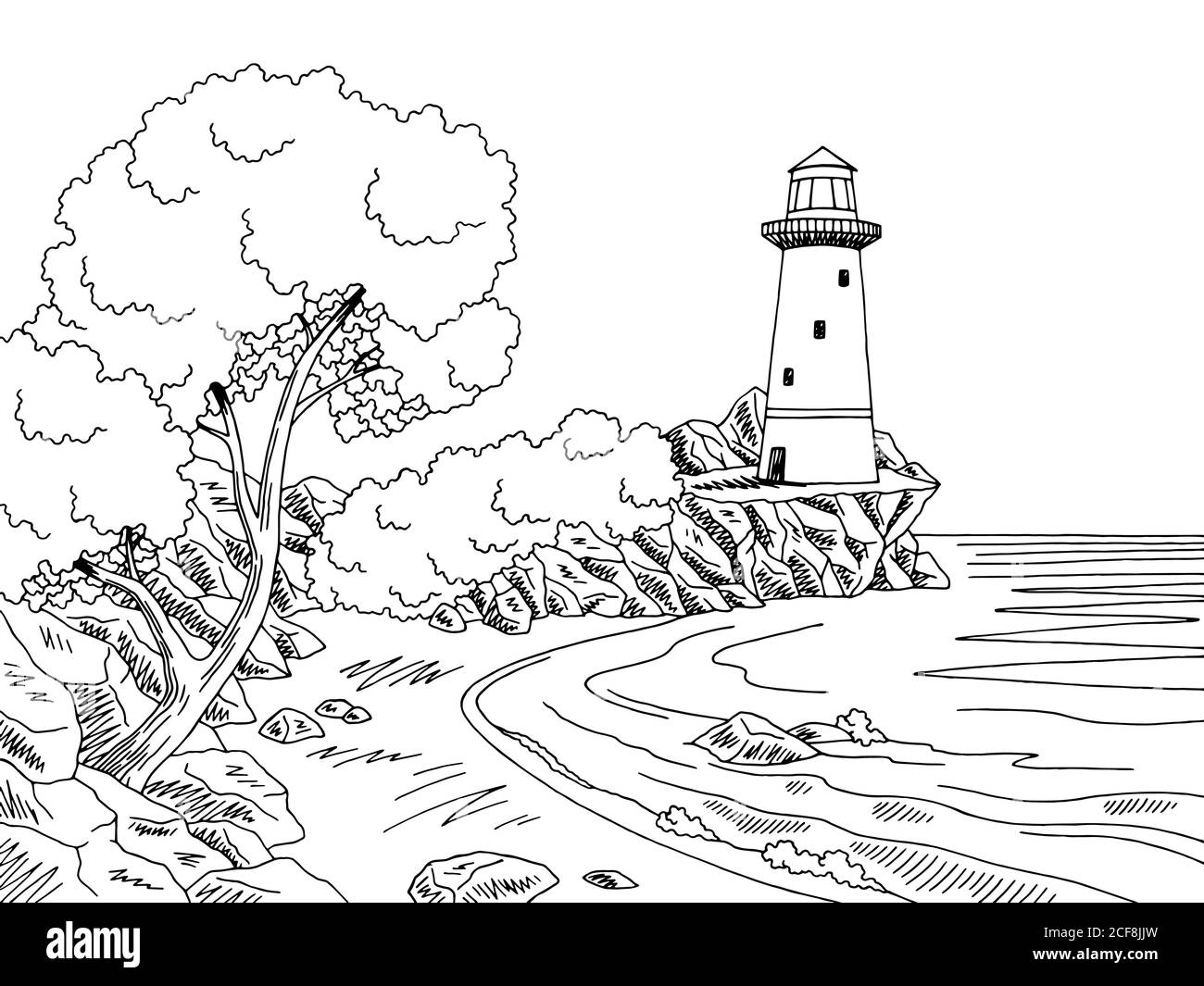 Leuchtturm Meer Küste Grafik schwarz weiß Landschaft Skizze Illustration Vektor Stock Vektor