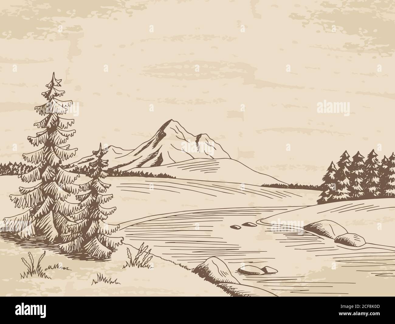 Mountain River Grafik Skizze Landschaft Illustration Vektor Stock Vektor