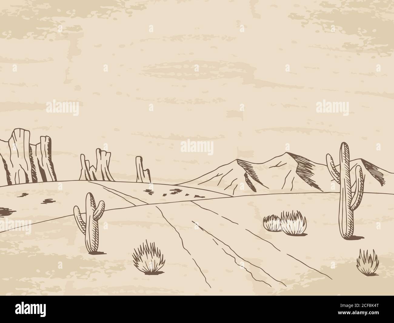 Prairie Road Grafik amerikanische Wüste Skizze Landschaft Illustration Vektor Stock Vektor