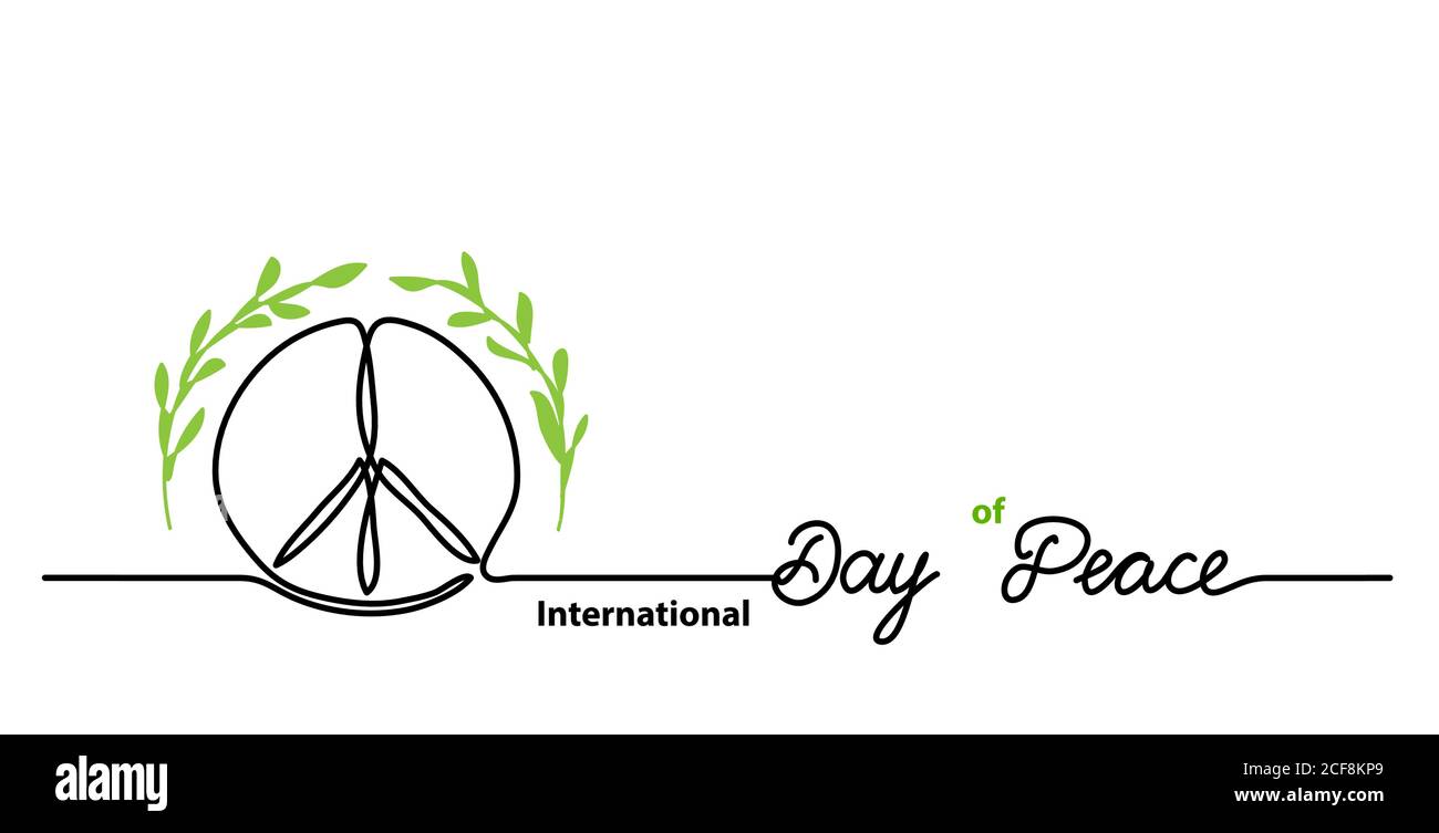 Internationaler Tag des Friedens einfacher Hintergrund. Eine durchgehende Linienzeichnung Hintergrund mit Schriftzug und runden Friedenszeichen Stock Vektor