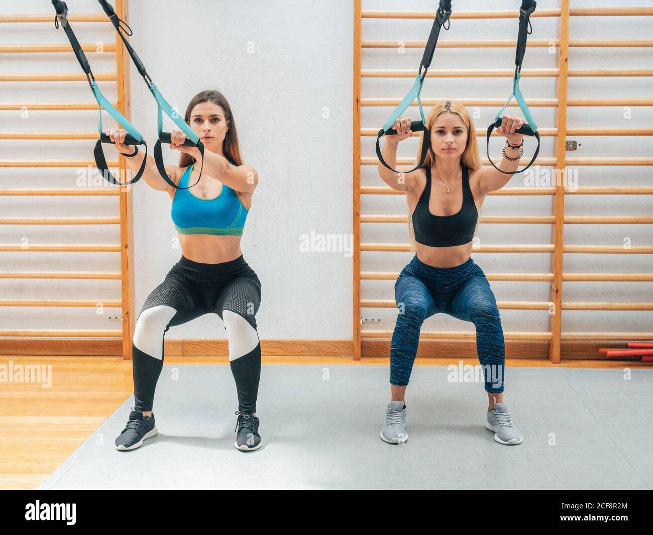 Junge selbstbewusste Frauen tun Kniebeugen, während mit Suspension Training mit Seile im modernen Fitness-Studio und Blick auf die Kamera Stockfoto