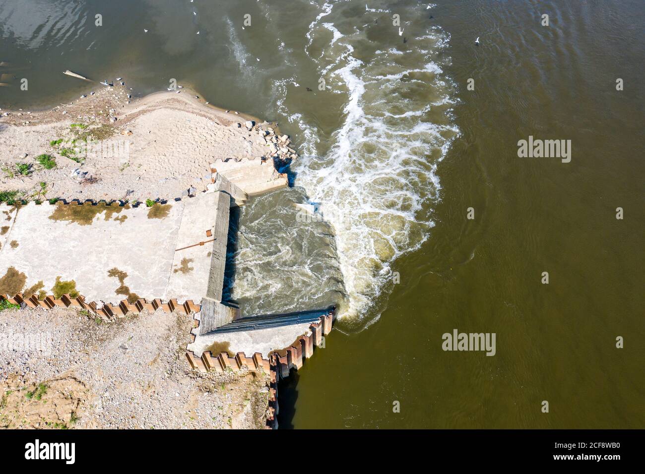 Abfluss von Abwasser in den Fluss, ökologische Katastrophe nach Ausfall der Kläranlage, Warschau, Polen Stockfoto