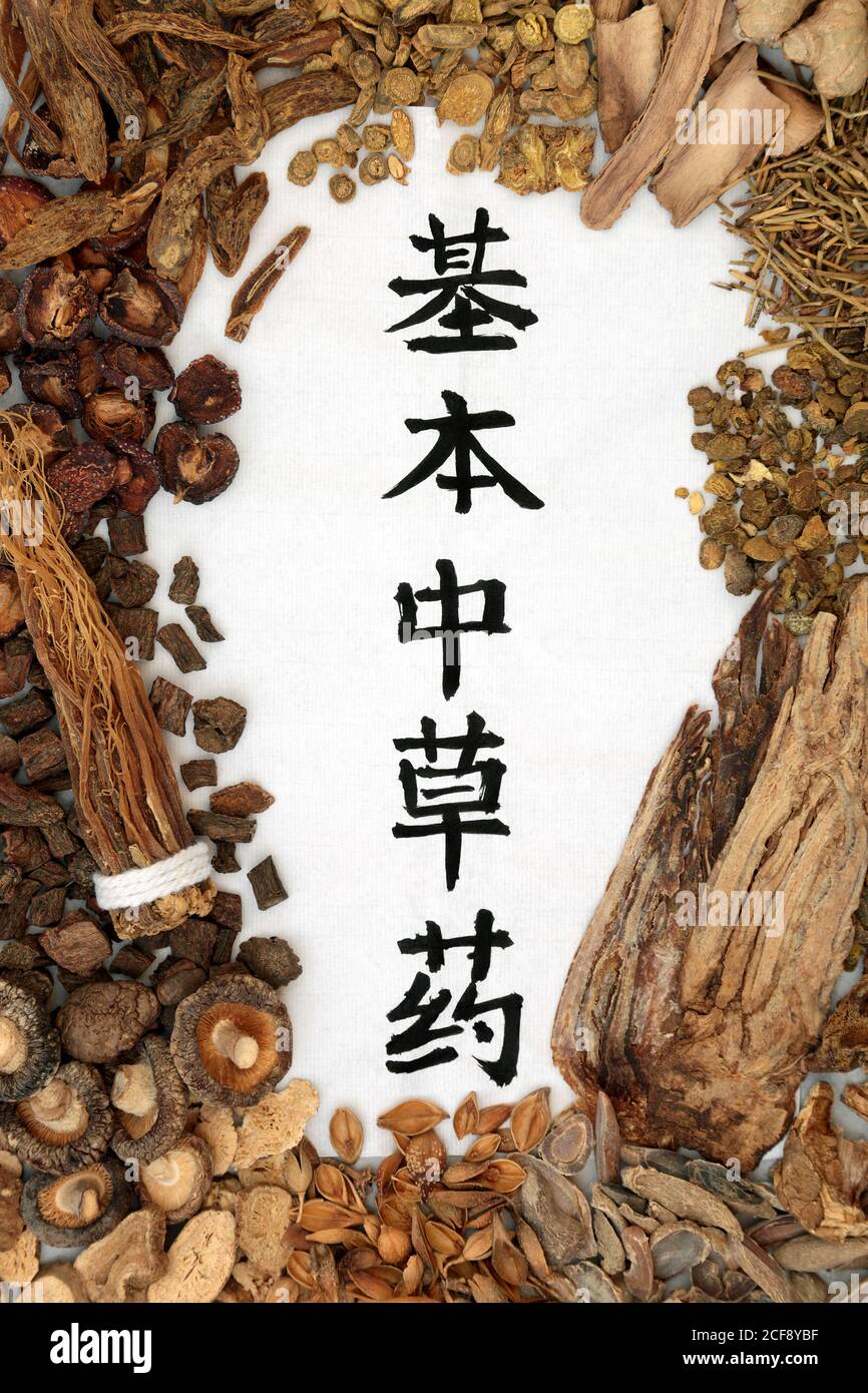 Chinesische grundlegende Kräutersammlung regelmäßig in der Kräutermedizin mit Kalligraphie Schrift verwendet. Übersetzung liest sich als chinesische fundamentale Kräuter. Stockfoto