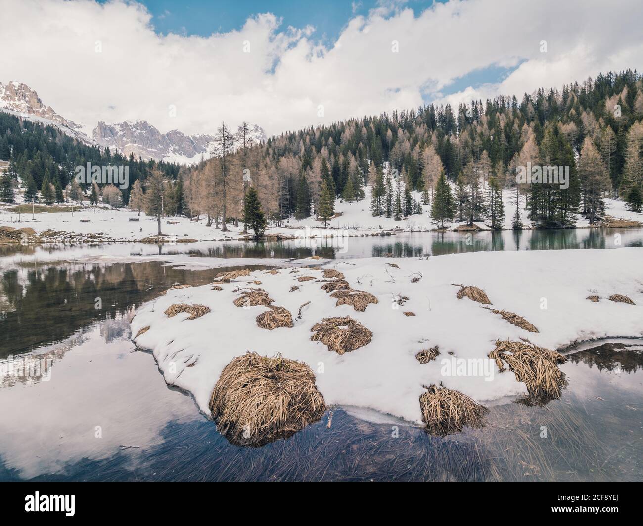 Schöne Landschaft von schneebedeckten Ufer Wasser und trocken grünen Wald Stockfoto