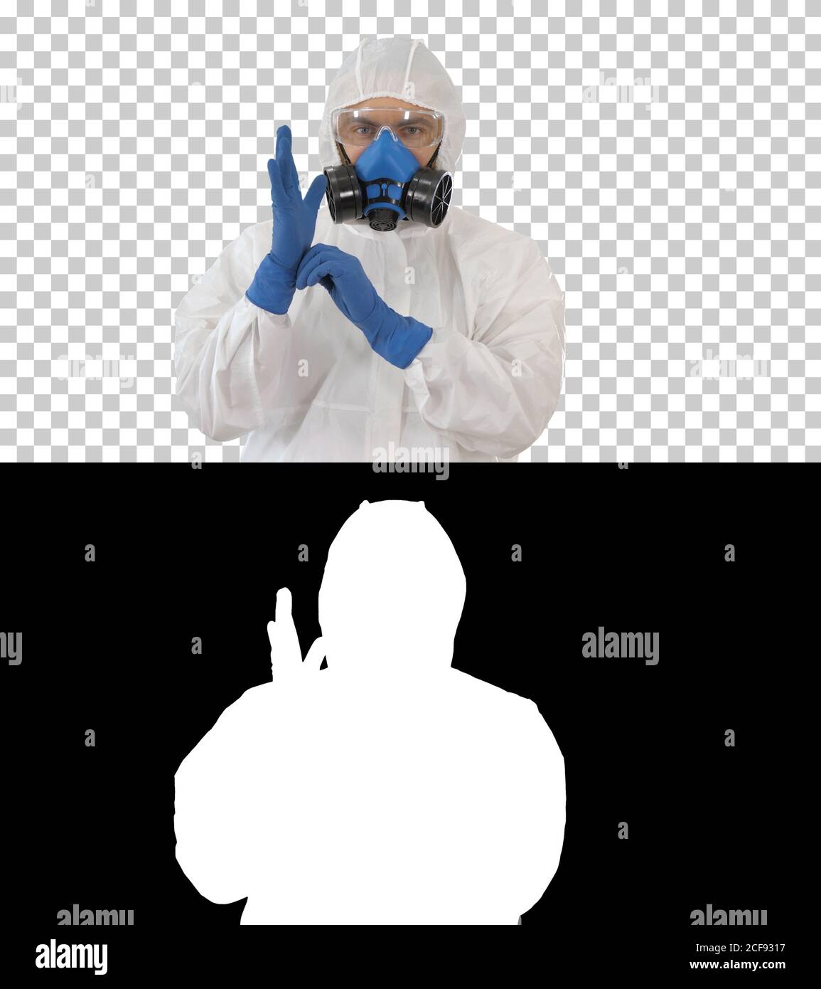 Schutzausrüstung ist wichtig! Männlicher Arzt trägt Scrubs, P Stockfoto
