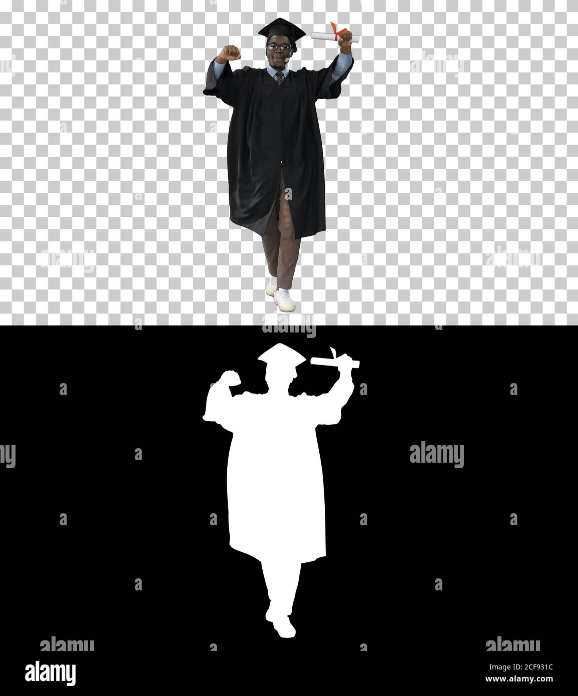African American Student Walking Smiling, Alpha Channel Stockfoto
