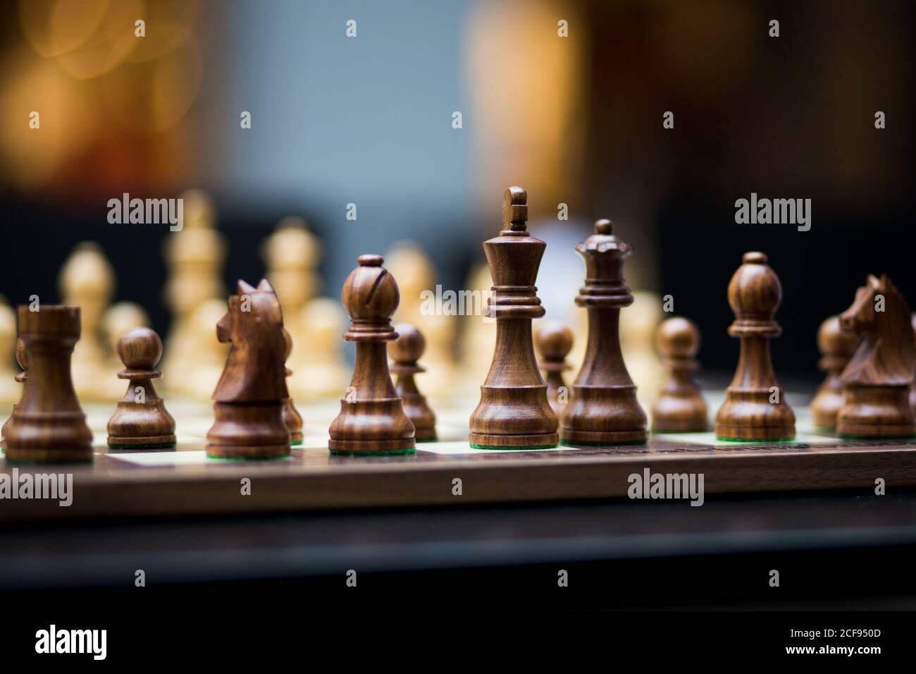 Schachbrett / Schachbrett mit Schachfiguren und große Schärfentiefe. Stockfoto