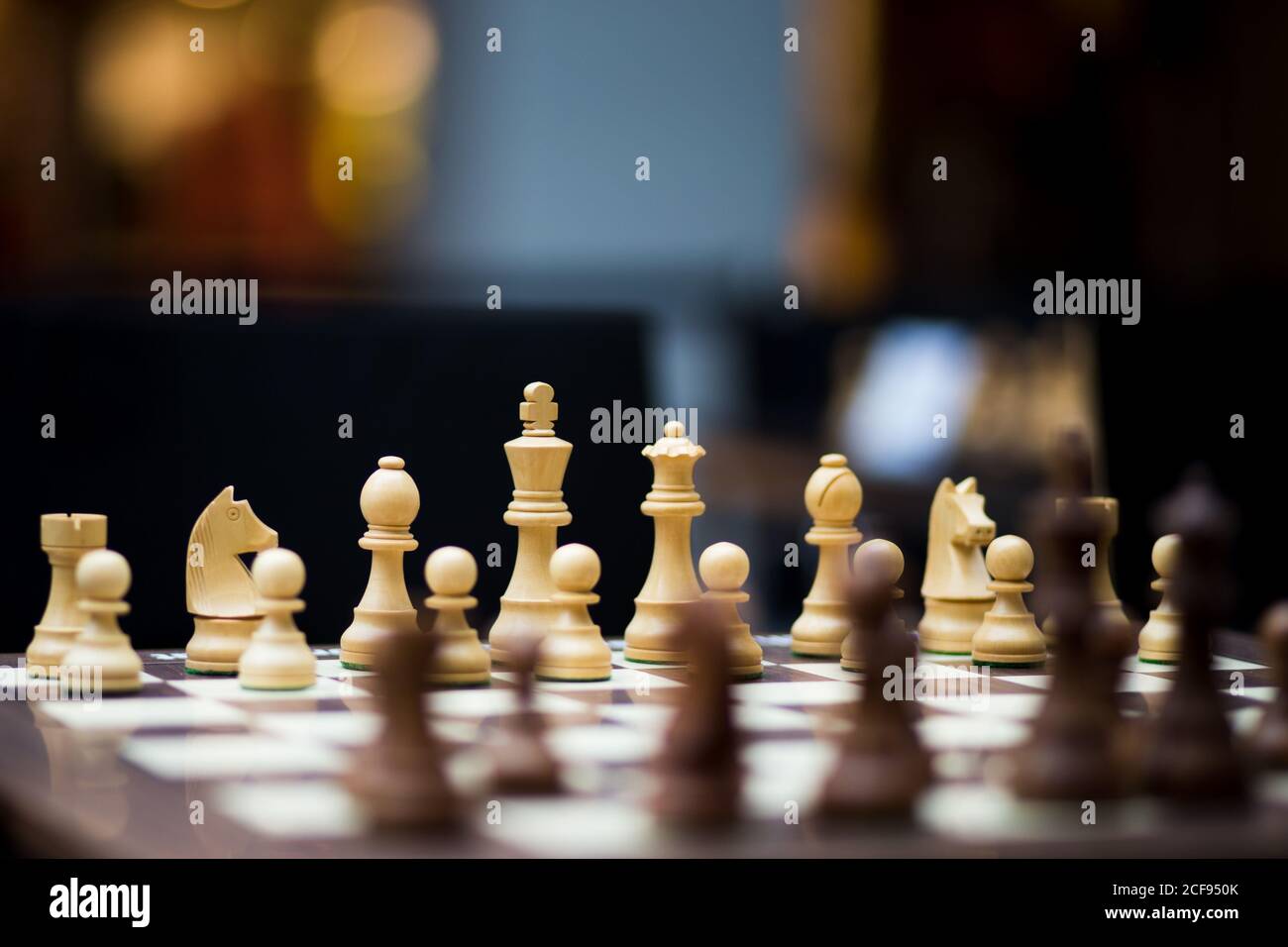 Schachbrett / Schachbrett mit Schachfiguren und große Schärfentiefe. Stockfoto