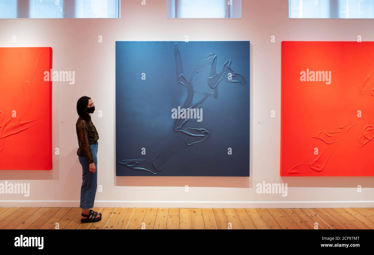 October Gallery, London, Großbritannien. September 2020. Oktober Galerie zeigt eine Auswahl von Kunstwerken von Tian Wei vom 3.-26. September 2020. Tian Wei ist bekannt für seine markanten, monochromatischen Leinwände in kräftigen Farben, die das geschriebene Wort erforschen. Tian Wei verwendet die chinesische Idee von Gegensätzlichen, die in Balance gehalten werden (Yin und Yang), Wörter und Zitate in Minutenschrift füllen den Hintergrund seiner Bilder. Bild (Mitte): Gallery Manager Views ‘SSoul’, 2017. Schillerndes Acryl auf Leinwand. Quelle: Malcolm Park/Alamy Live News Stockfoto