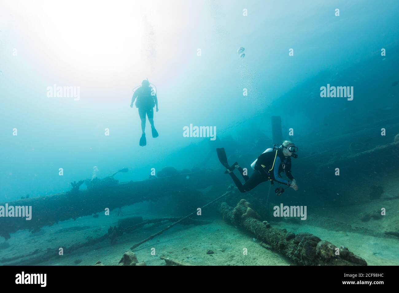 Taucher erforschen Boden mit untergetauchten Schiff Mast Fragmente in transparent meer Stockfoto