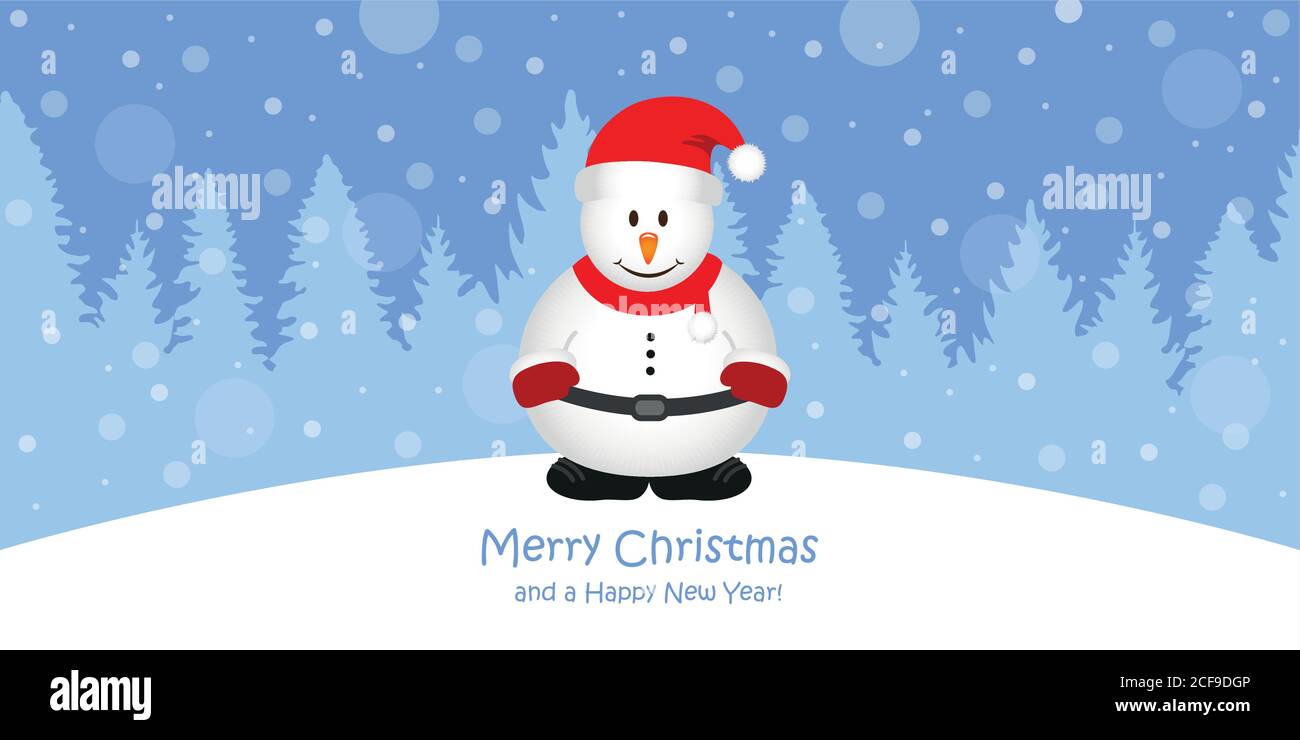 Niedliche weihnachtskarte mit Schneemann auf verschneite Waldlandschaft vektorgrafik EPS10 Stock Vektor