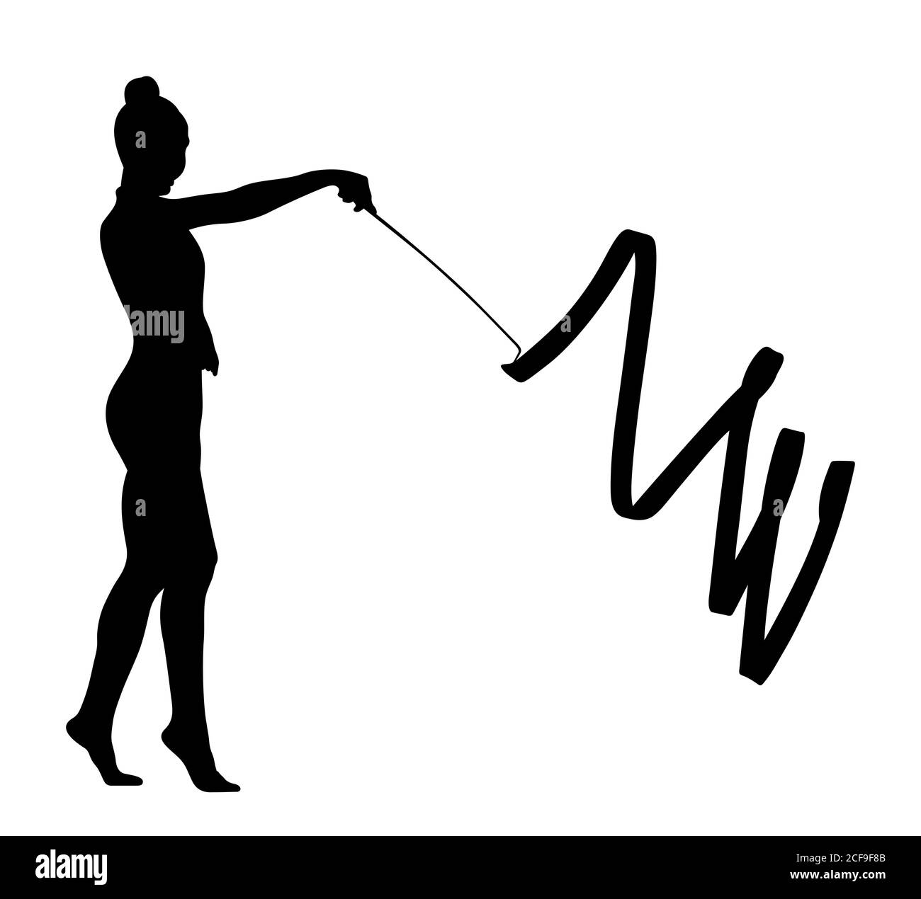 Künstlerische Gymnastik Mädchen mit Band schwarz Silhouette Stockfoto