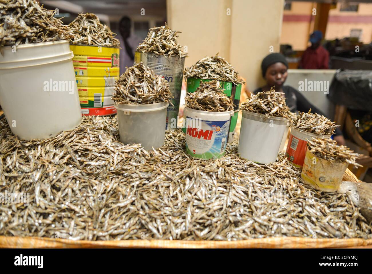 Jinja, Uganda - 1. Oktober: Fischsortiment, das in Eimern auf dem lokalen Markt verkauft wird Stockfoto