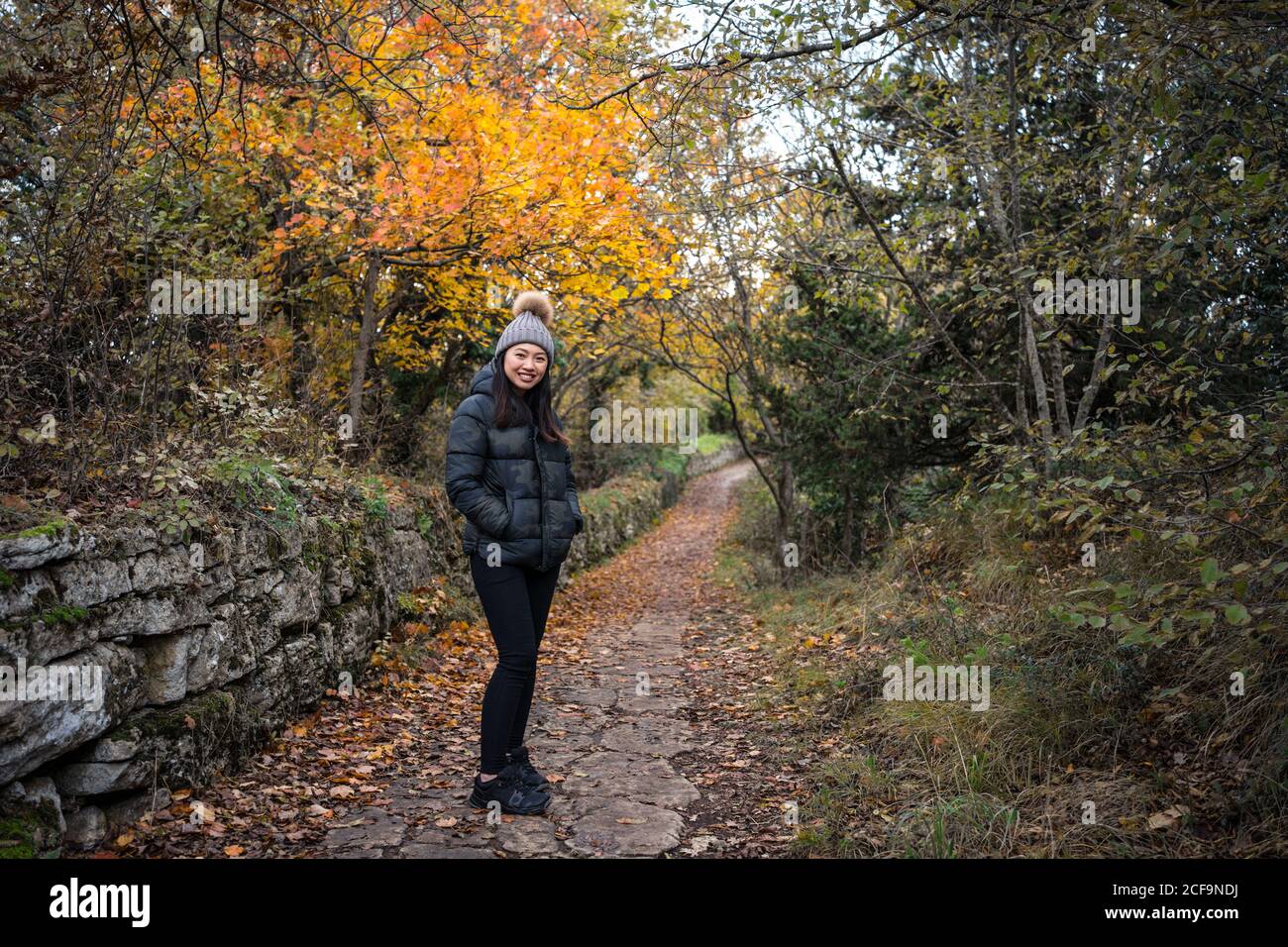 Junge charmante asiatische Frau in schwarzer warmer Jacke und Strickmütze mit Bommel lächelnd und Blick auf die Kamera auf dem Weg in den Garten mit Herbstgängern in San Marino, Italien Stockfoto