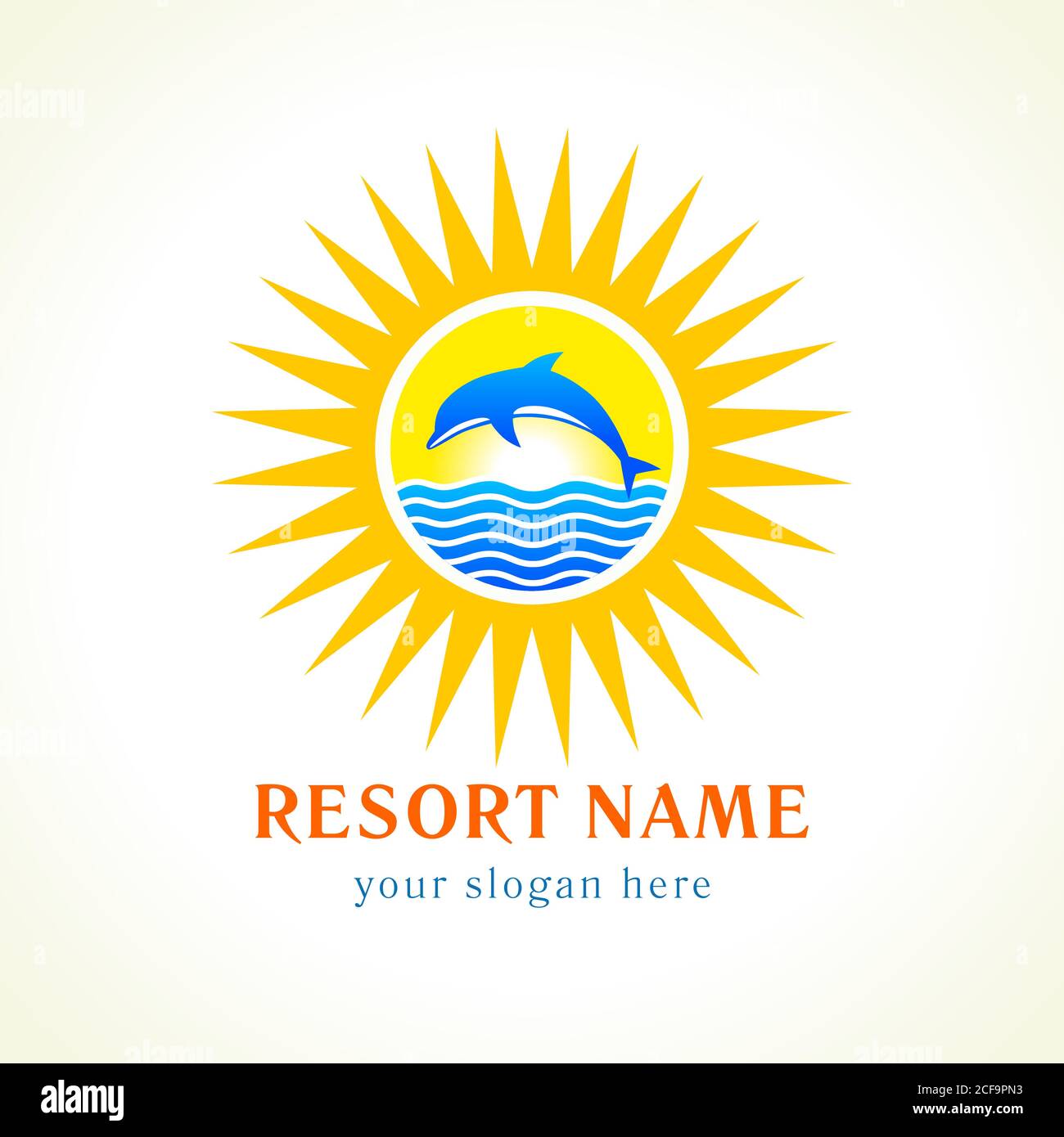 Dolphin Sprünge, Meer, Sonne, Reise-Vektor-Logo. Branding Identität von Hotels, touristischen Unternehmen, Spa, Strand-Service, Gesundheitswesen, Resort oder Hotel am Meer Stock Vektor