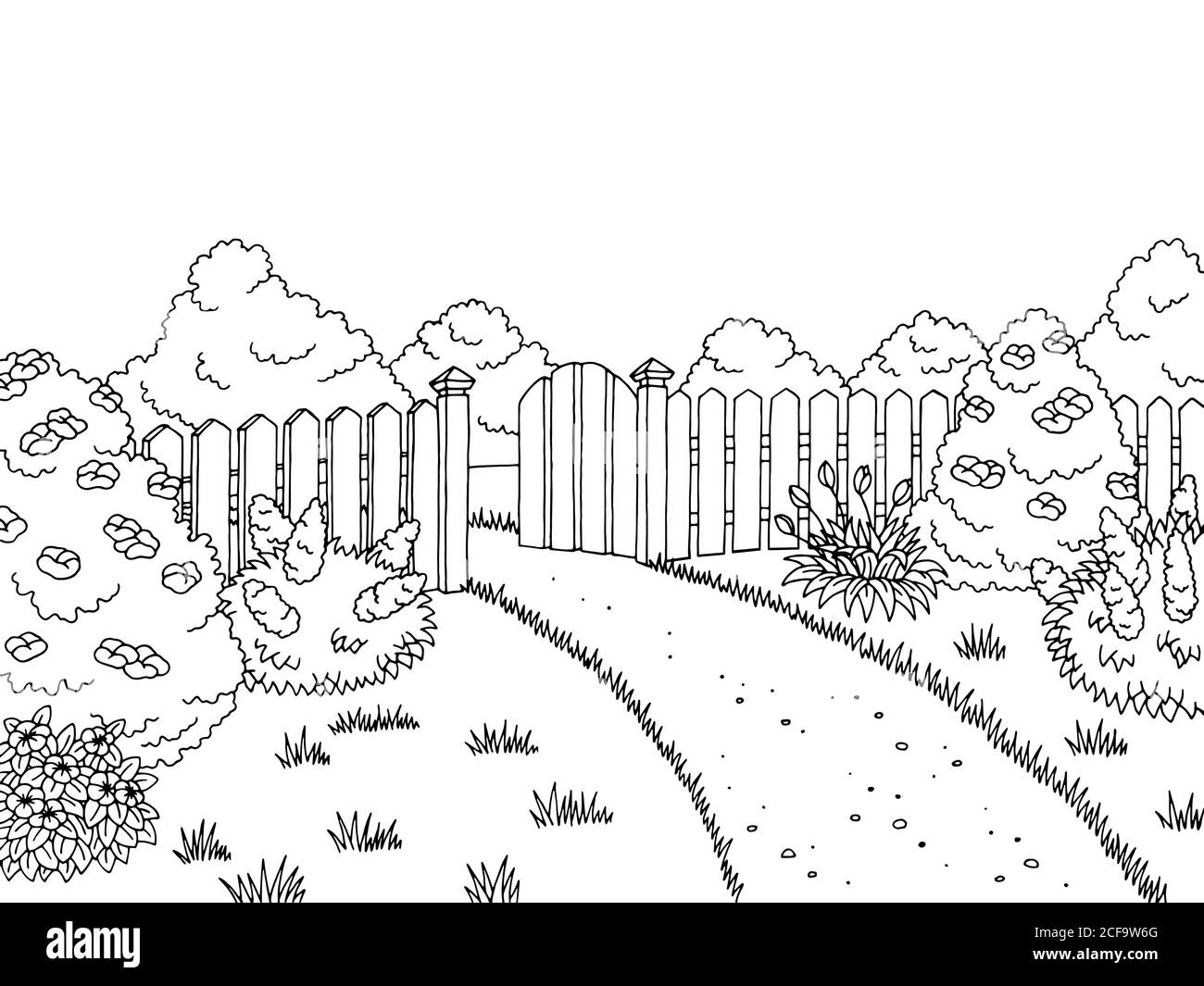 Garten Grafik schwarz weiß Landschaft Skizze Illustration Vektor Stock Vektor