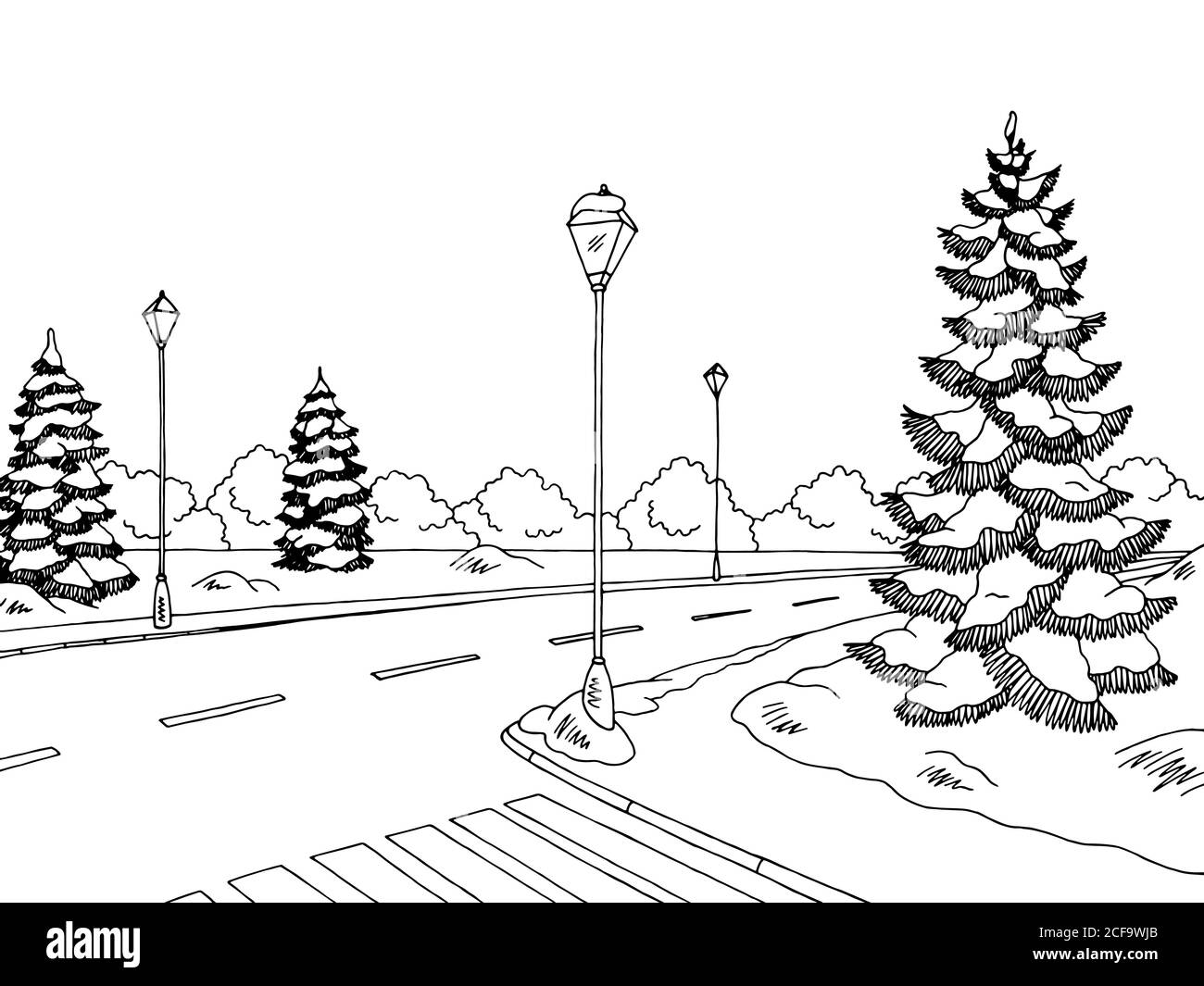 Winter Straßengrafik schwarz weiß Landschaft Skizze Illustration Vektor Stock Vektor