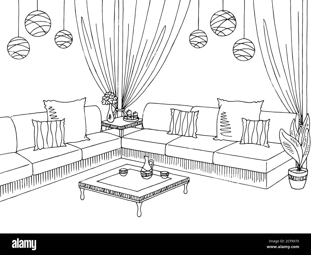 Patio Garten Grafik schwarz weiß Skizze Illustration Vektor Stock Vektor