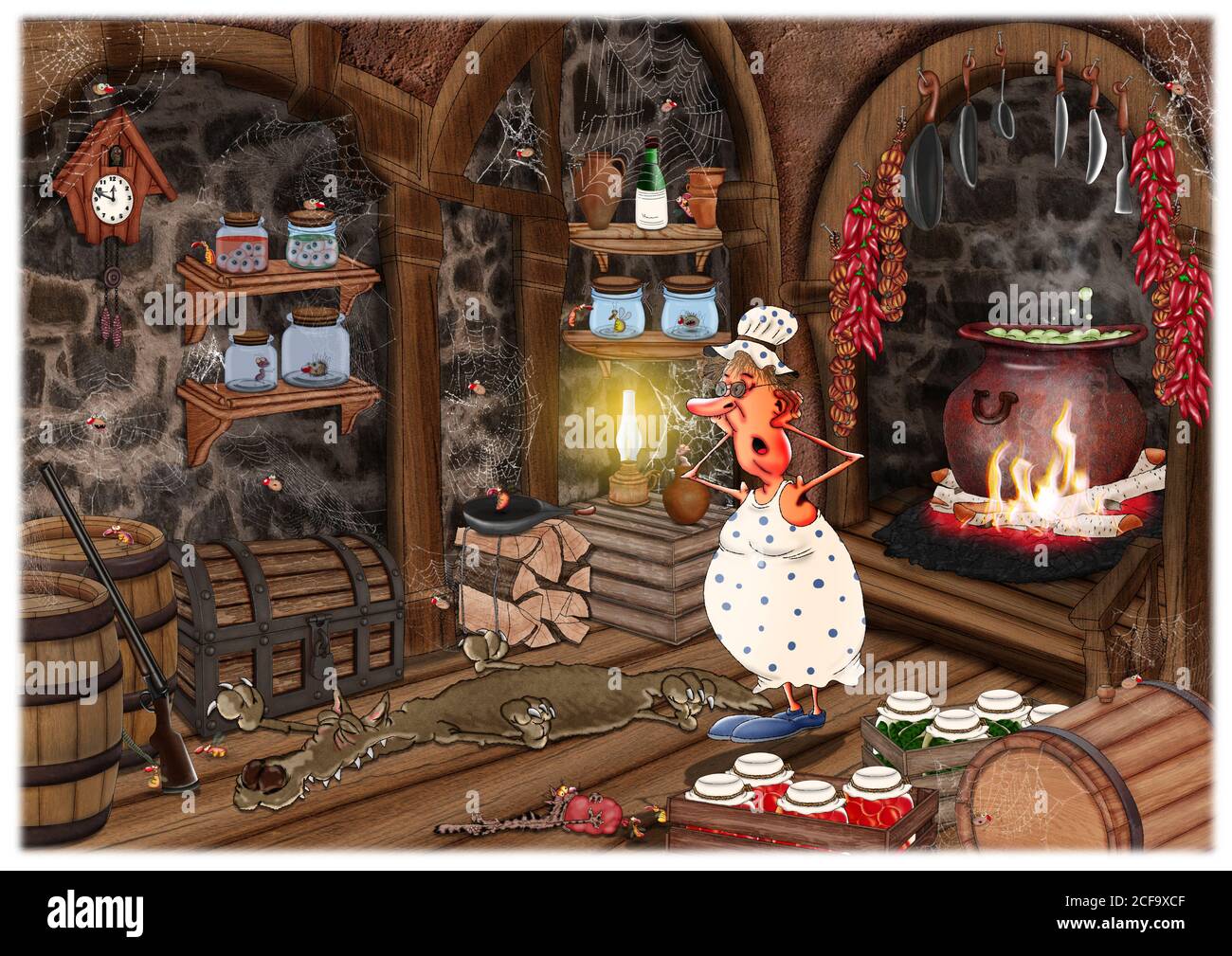 Oma braut einen Trank in ihrem Waldhaus. Fabelhafte Buchillustration zum Thema Halloween.. Stockfoto