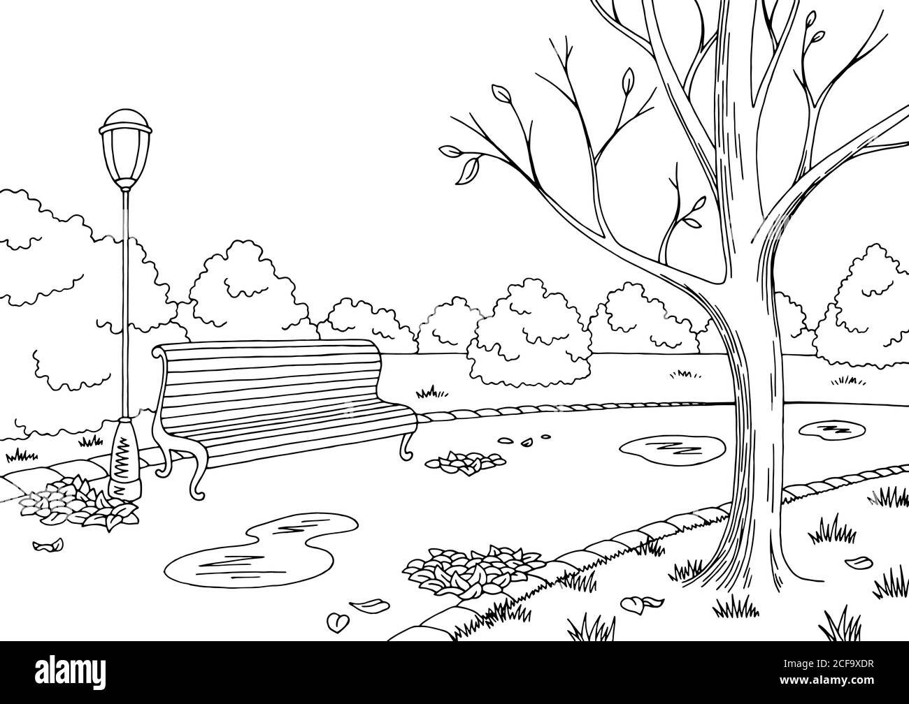 Herbst Park Grafik schwarz weiß Landschaft Skizze Illustration Vektor Stock Vektor