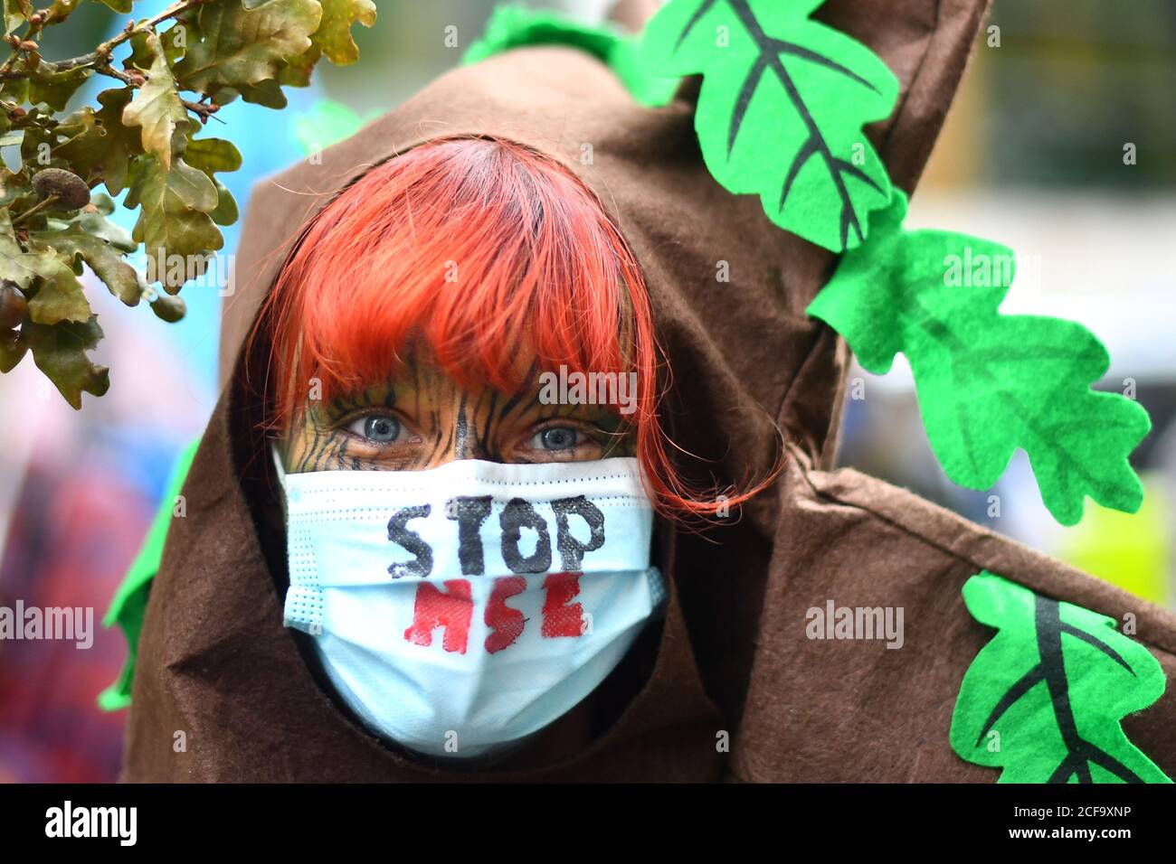 Ein Protestler, gekleidet wie ein Baum, trägt eine Stop HS2 Facemask in Westminster, London, während eines Extinction Rebellion Protestes. Stockfoto