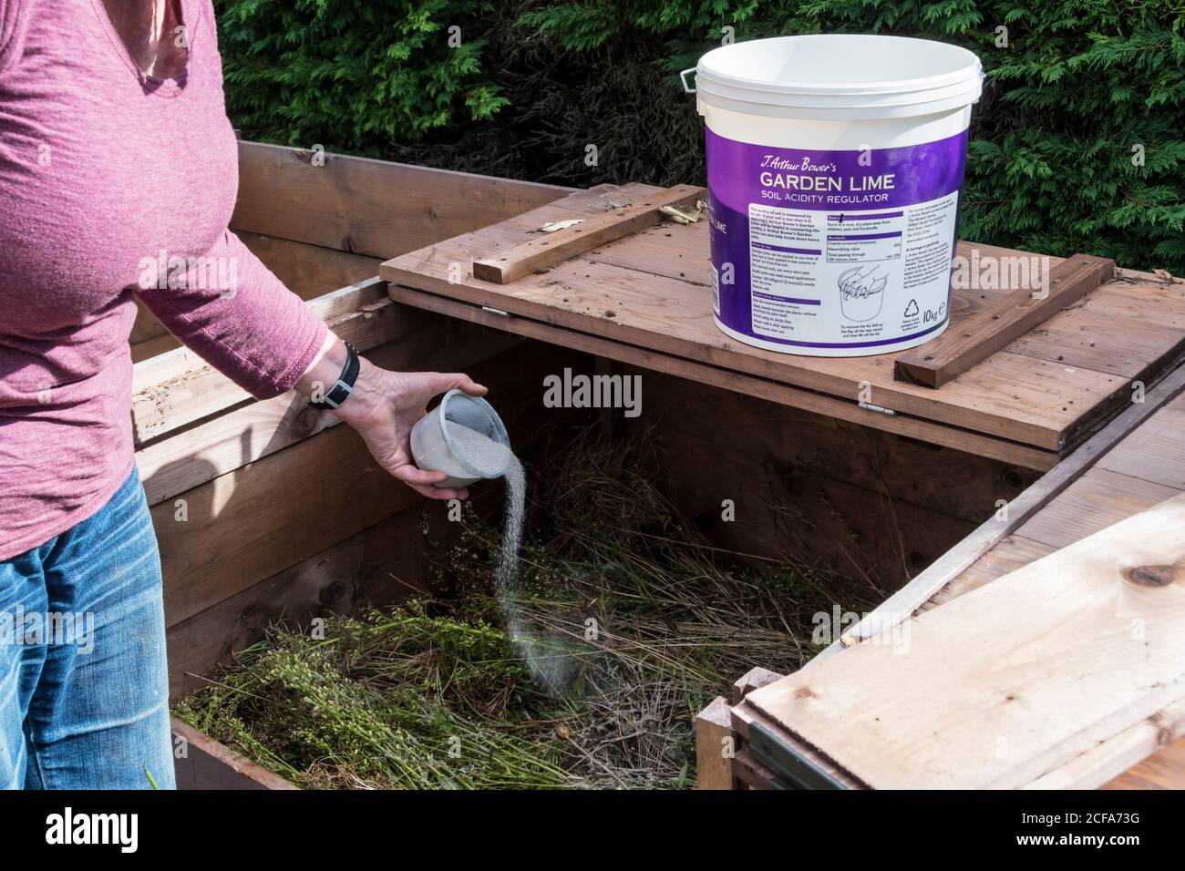 Frau, die Kalk auf einen Kompostbehälter oder Komposthaufen aufträgt, um die Säure zu regulieren und Gerüche zu reduzieren. Stockfoto