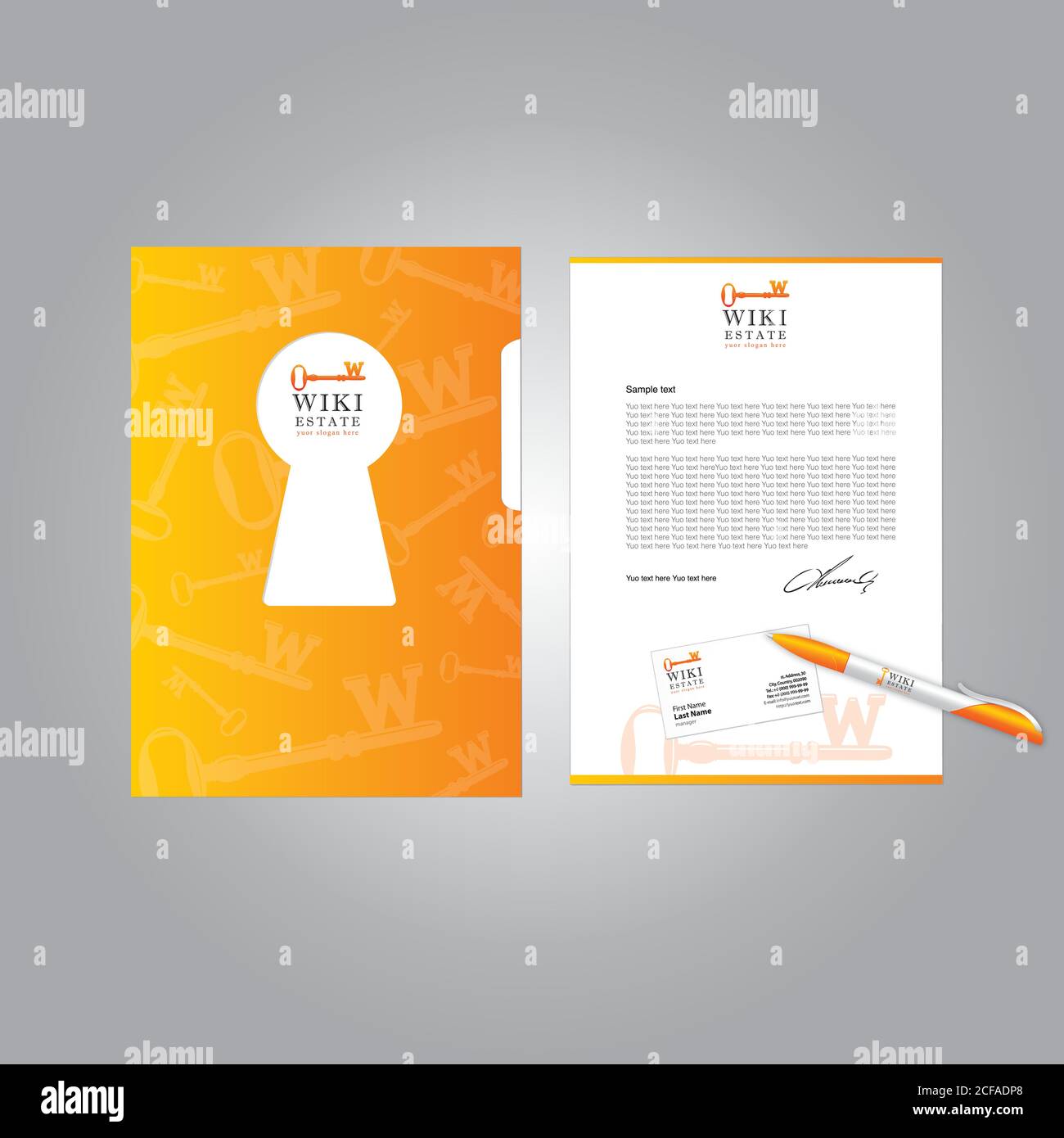 Corporate Style Konzept. Immobilien-Business-Logo und Firma brandbook Design. Vektorset von Büroobjekten. Datei, Geschäftsdokument, Brief leer Stock Vektor