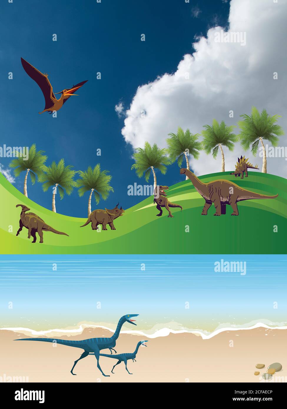 Jurassische Dinosaurierlandschaft mit Meer und Grashügeln Ein blauer wolkig Himmel Stockfoto