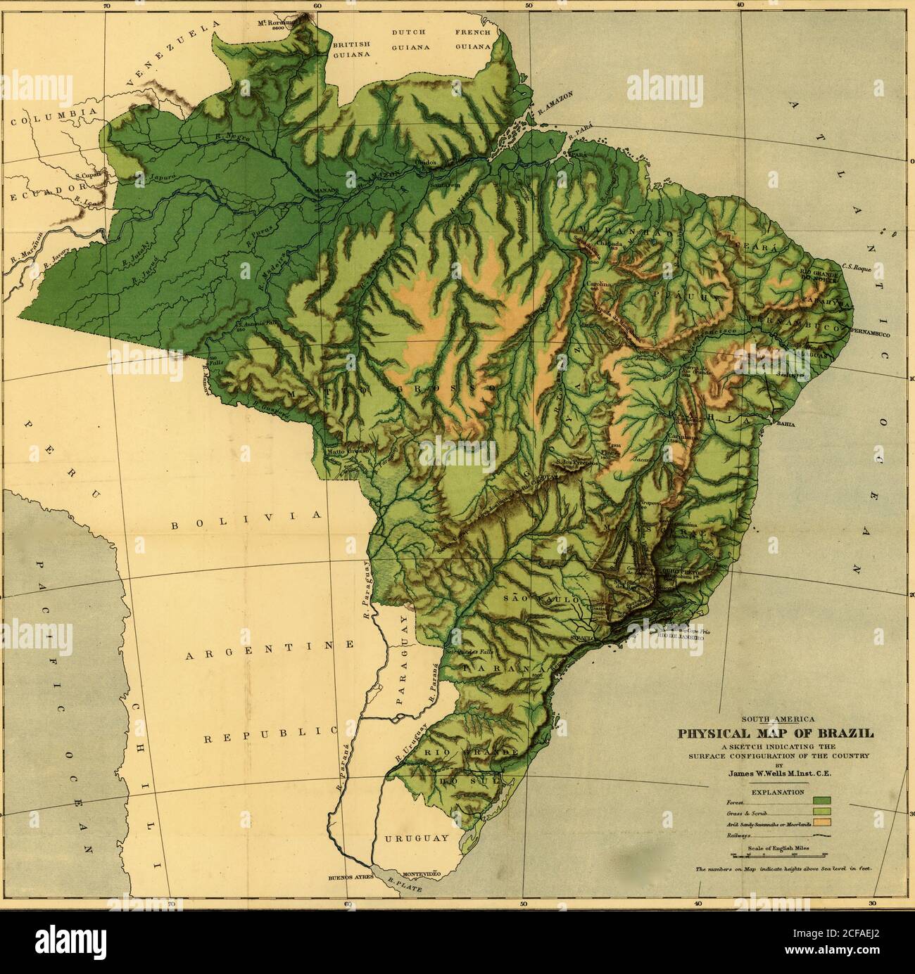 Physische Karte von Brasilien, die Amazon & seine Nebenflüsse-1886 Stockfoto